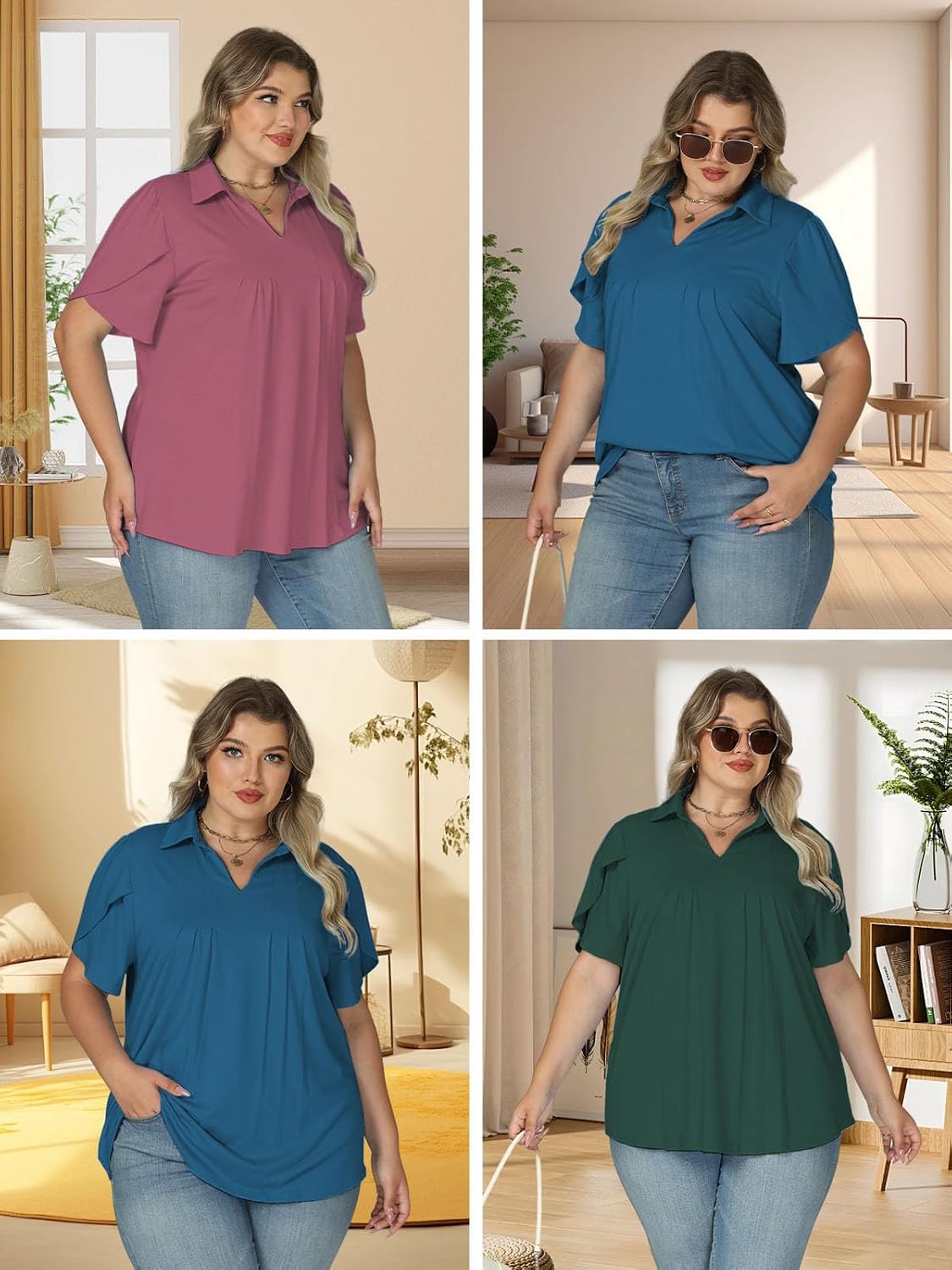 VOGRACE Womens-Plus-Size-Summer-Tops Dressy Polo V Neck T Shirts Trendy Petal Short Sleeve Collared Blouses Pleated Tunics
