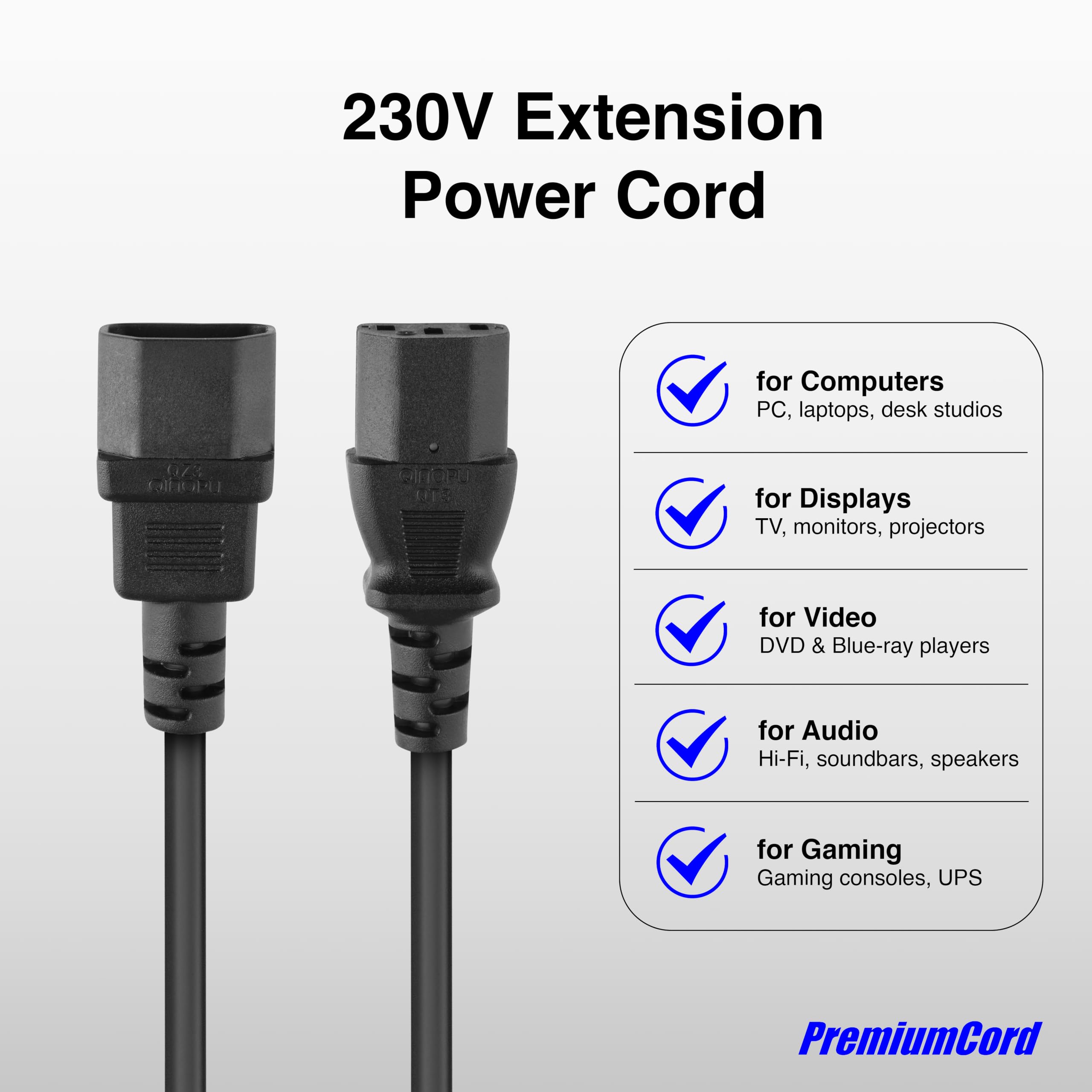 PremiumCord Extension d'alimentation pour PC 230V 5m, Rallonge IEC 320, Prise à Fiche, IEC 320 C13 pour C14, Câble d'alimentation, Couleur Noire