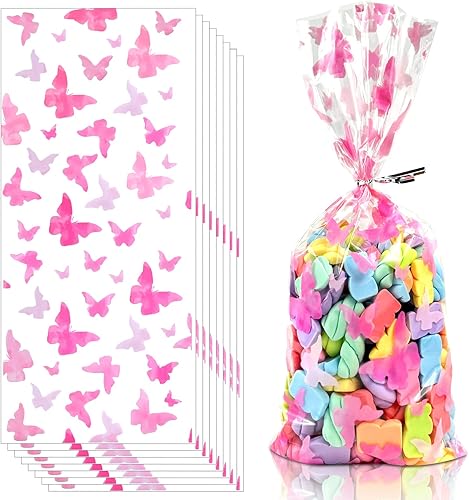 Paquete de 100 bolsas de celofán de mariposa, bolsas de celofán rosa, bolsa de golosinas de mariposa, bolsas de dulces para baby shower, suministros