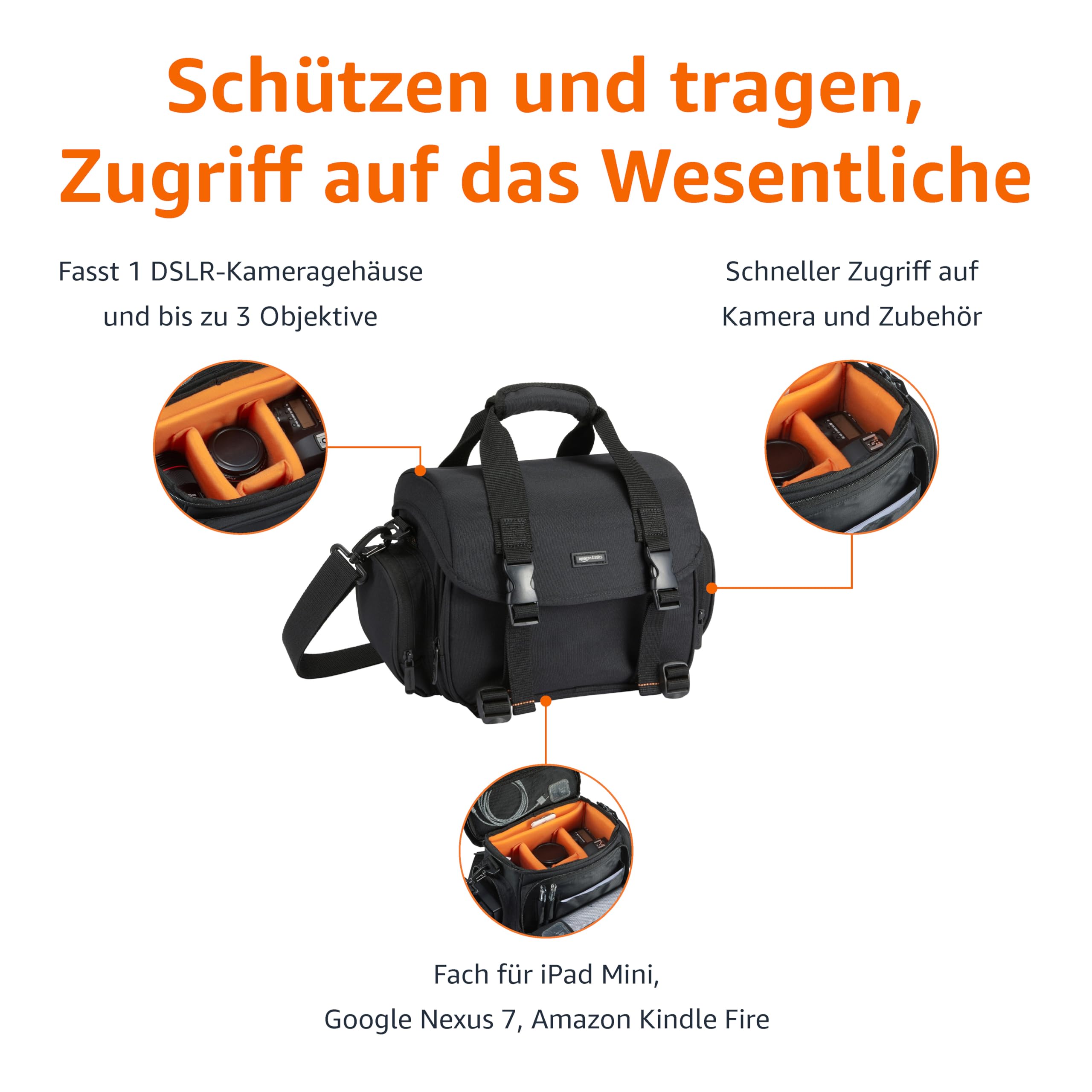 Amazon Basics Schultertasche für SLR-Kamera, Groß, Schwarz/Orange | Wasserdicht