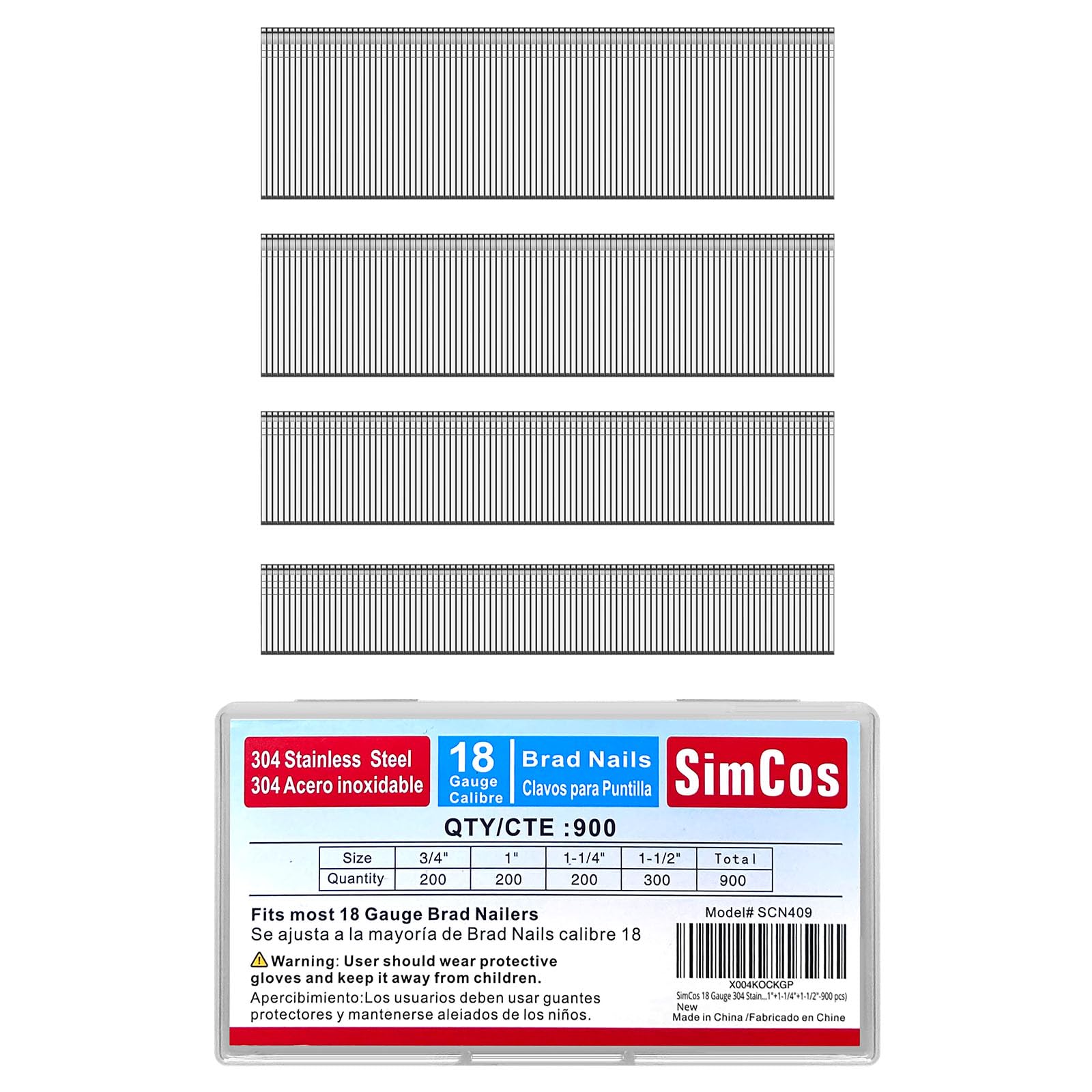 SimCos 18 Gauge 304 Stainless Steel Brad Nails 18 GA Nail Gun Nails Assorted and Small Finishing Nails for Pneumatic, Electric Brad Nailer (3/4"+1"+1-