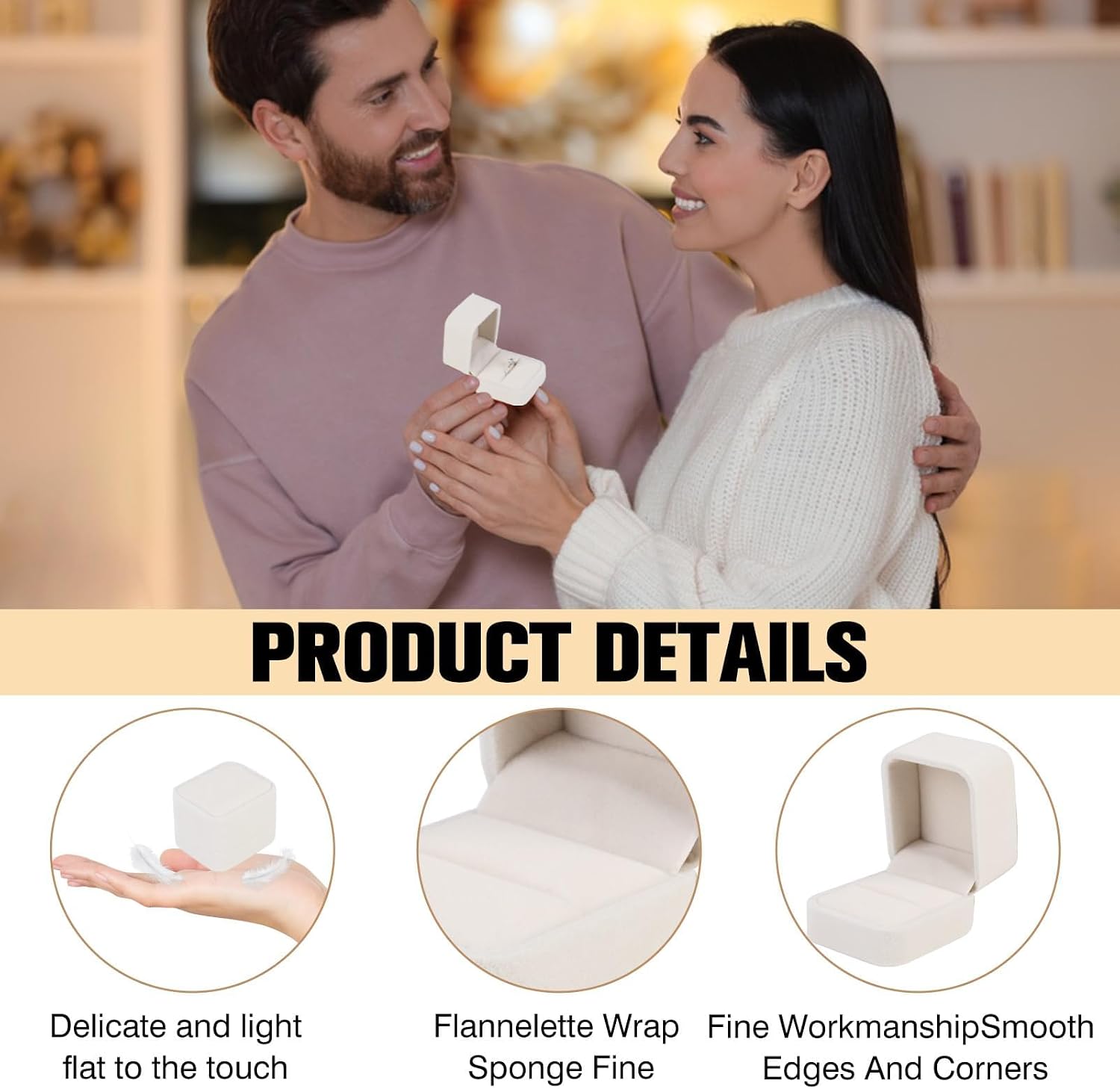 Elegant Cream White Velvet Ring Box for Engagement Rings and Wedding Rings with Soft Cushion and Practical Storage Interior image 4