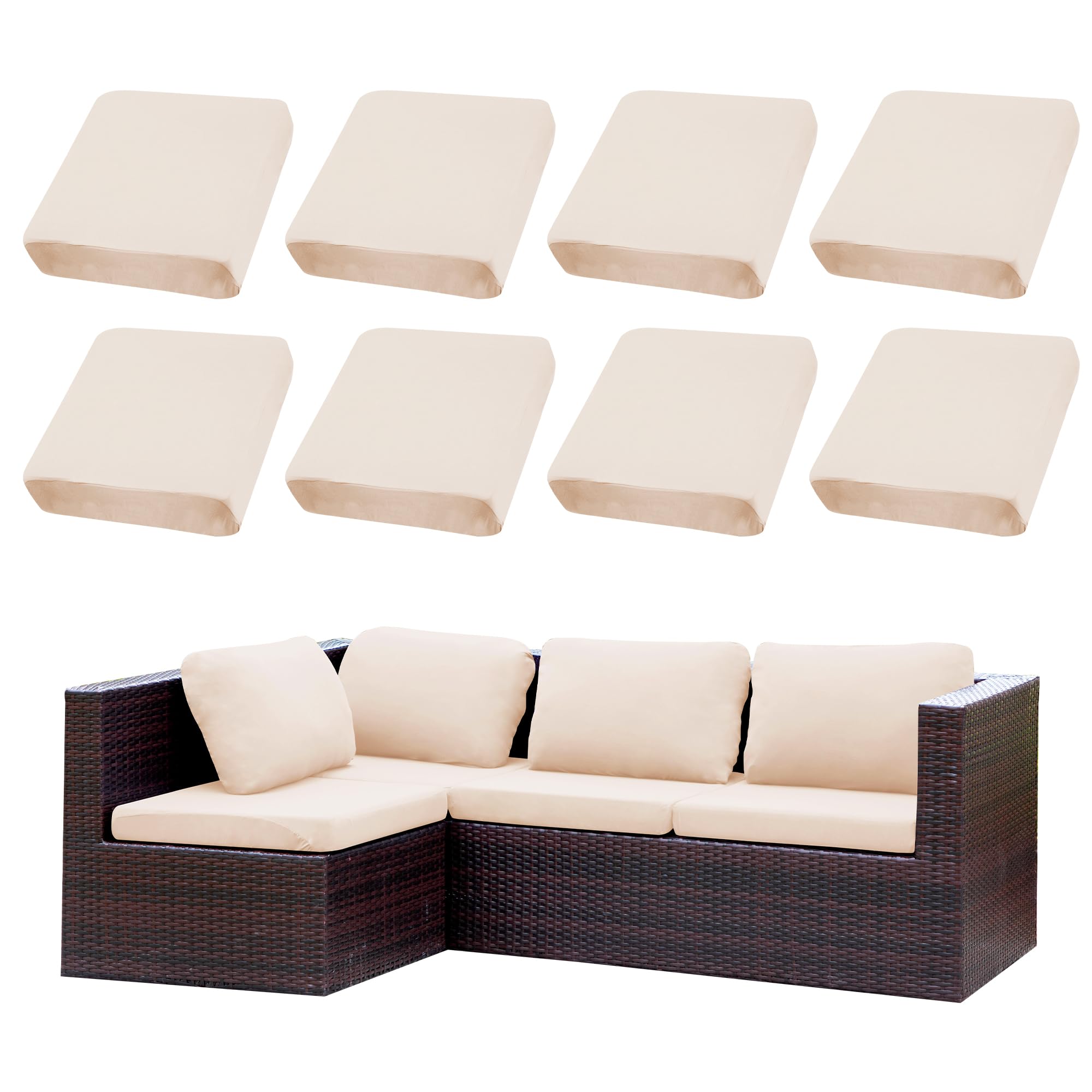 Ensemble de 8 Housses de Coussins pour terrasse|Housses pour canapés d'extérieur|Housses Extensibles pour Coussins de canapé|Protections pour Meubles lavables et réutilisables (1, Beige)