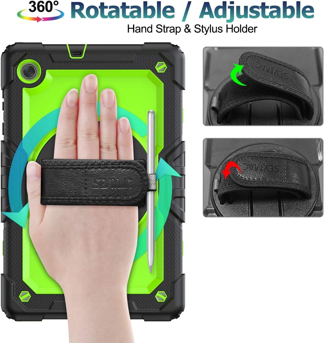 SEYMAC stock Lenovo Tab Case with Screen Protector, Drop-Proof Protection Case with 360° Rotating Stand &Strap [Pen Holder] for Lenovo Tab M10 Plus (TB-X606F) 10.3", Green+Black
