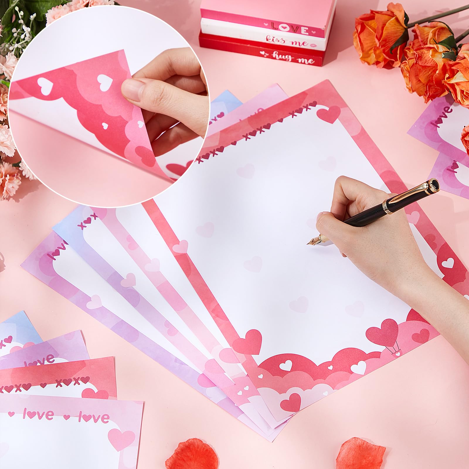 Dispowreath 100 hojas de papel de papelería de San Valentín, decoración de borde de membrete de corazón, 21,6 x 28 cm, papel de escritura rosa imprimible para San Valentín, boda, aniversario, tarjetas