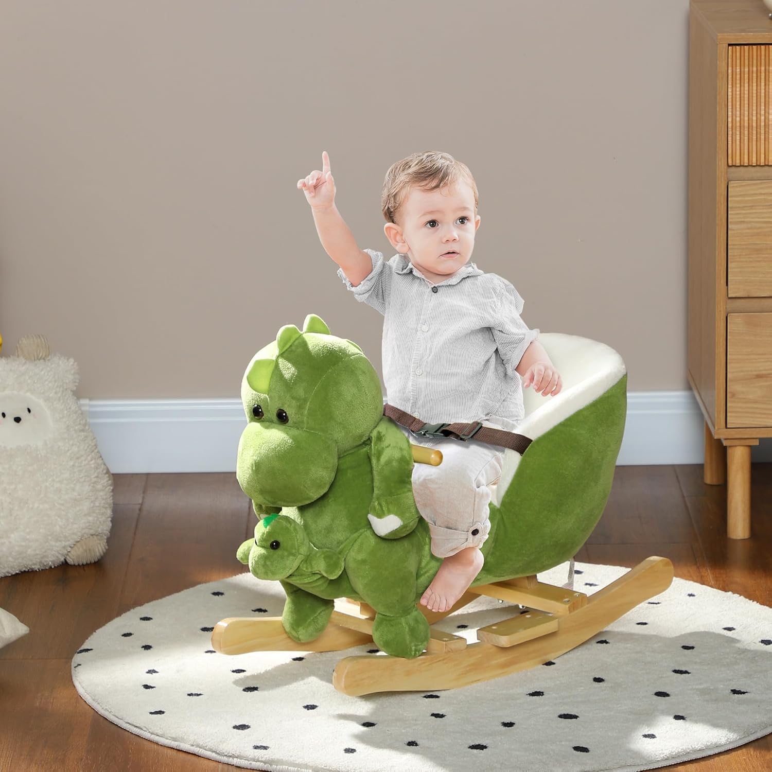 Qaba Baby Rocking Horse, Toddler Plush Dinosaur Animal Rocker with Seat Belt, 32 Songs, Hand Puppet, Kids Riding Horse Rocking Chair for 18-36 Months, Green