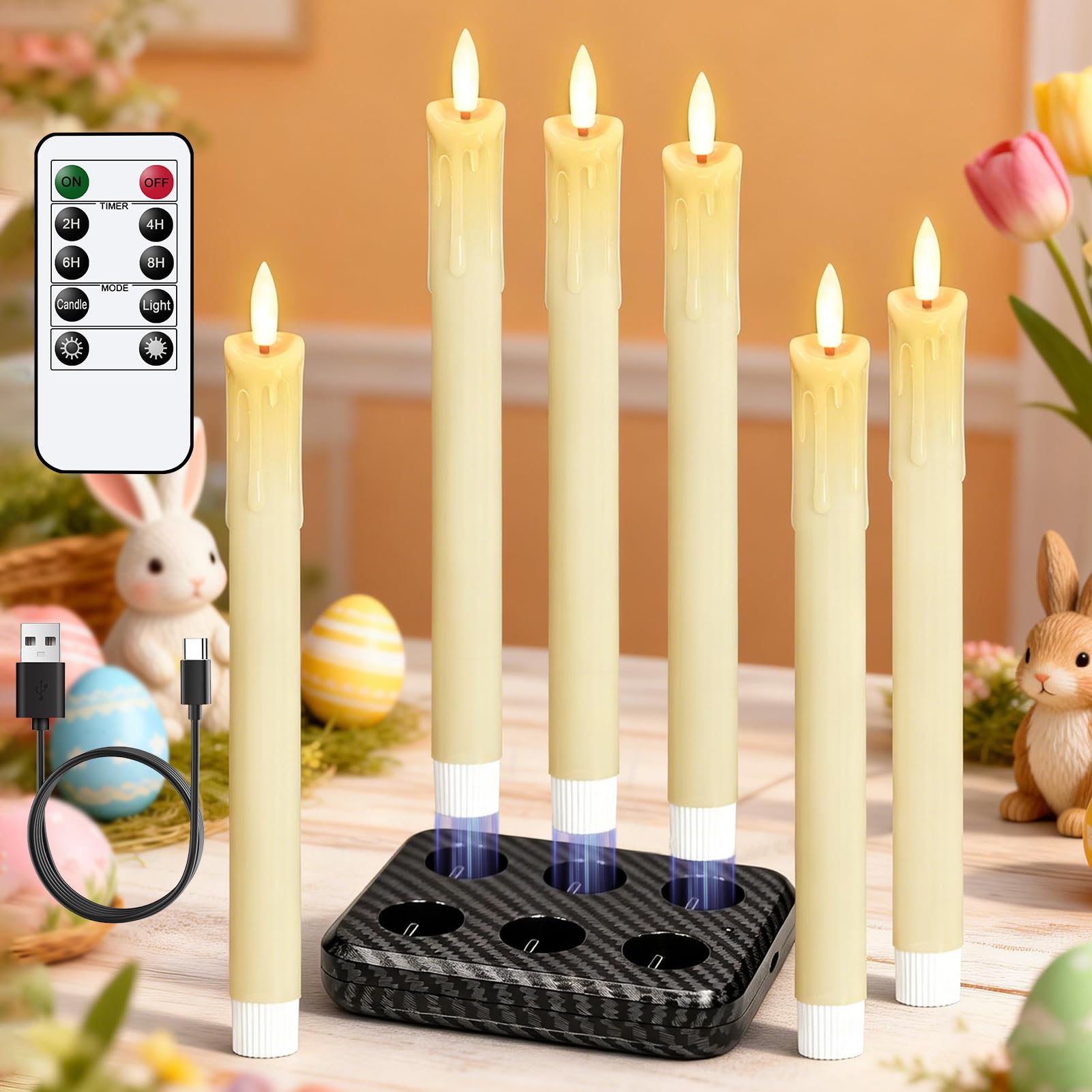 Eldnacele LED Stabkerzen mit Timerfunktion, 6er Set mit Tropfwachs-Design | Elektrische Kerzen mit Fernbedienung, flackernde 3D-Flamme, elfenbeinfarben, batteriebetrieben, Weihnachtsdeko und Hochzeit