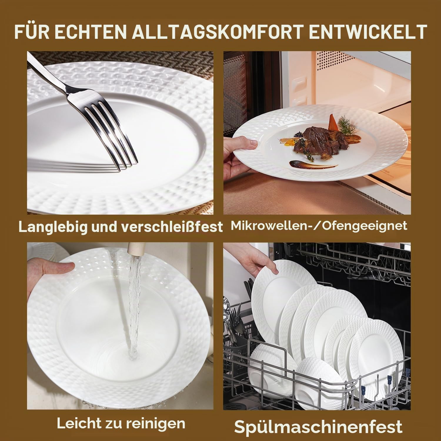 HIKAA Knochenporzellan Geschirrset 6 Personen, 18-teiliges Teller Set Mikrowellen und Spülmaschinenfest, Tafelservice mit Rhombusförmigem Randdesign, Kombiservice für Familie, Feiertag, (Weiß)