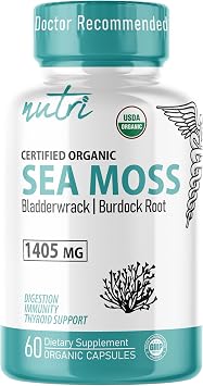 Nutri Certified Organic Sea Moss Capsules - 1405mg Burdock Root, Bladderwrack, SeaMoss Raw Organic & Black Pepper Powder - Sea Moss Complex - Non-GMO, 60 Capsules 3rd Party Tested & GMP Certified