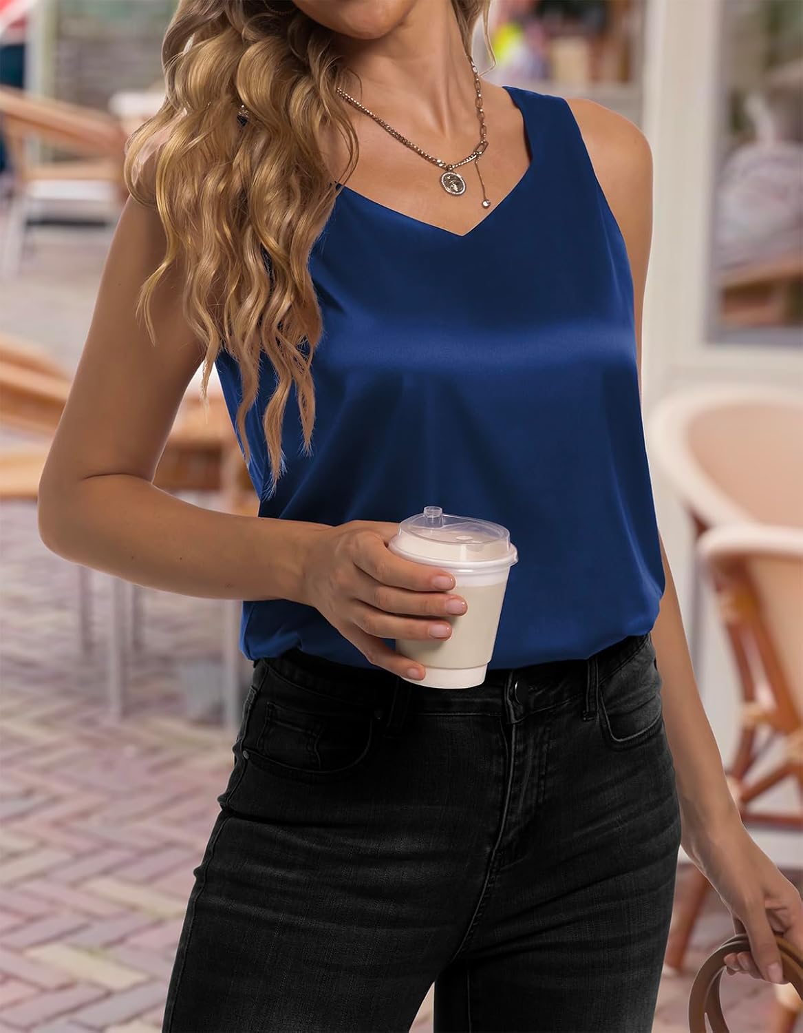 Women's Silk Satin Tank Tops V Neck Camisole Casual Cami Sleeveless Shirt Blouses Silky Basic Tanks - Image 2