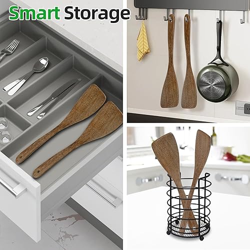 Miniatura 5 de 2 espátulas de madera, espátulas planas de madera de 12.8 pulgadas, espátulas de madera de mango largo para utensilios de cocina antiadherentes,