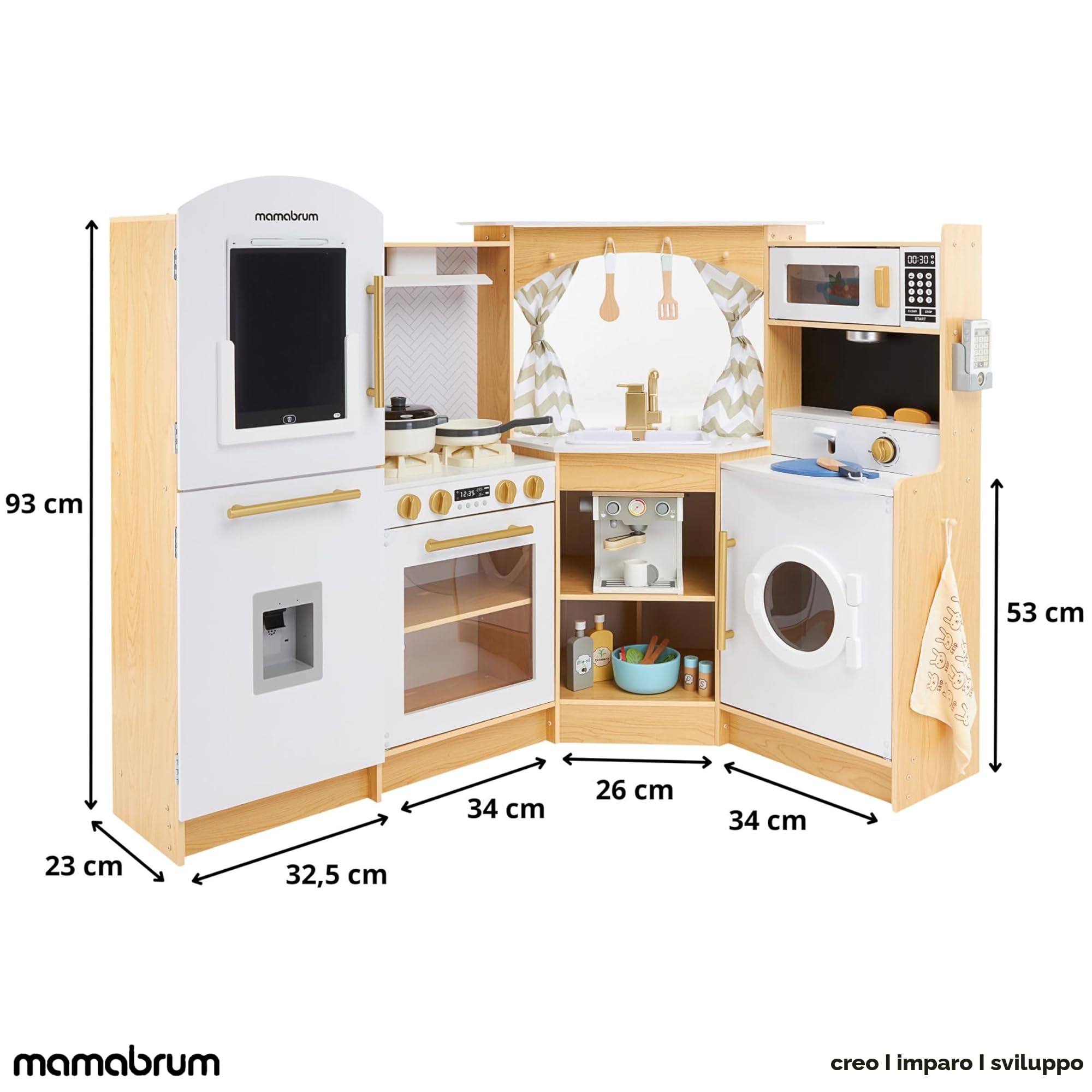 Mamabrum Cucina in Legno per Bambini 3+, Set XXXL con Luci LED, Caffettiera, Pentole, Frutta e Verdura | 50 Pezzi di Accessori Giocattolo