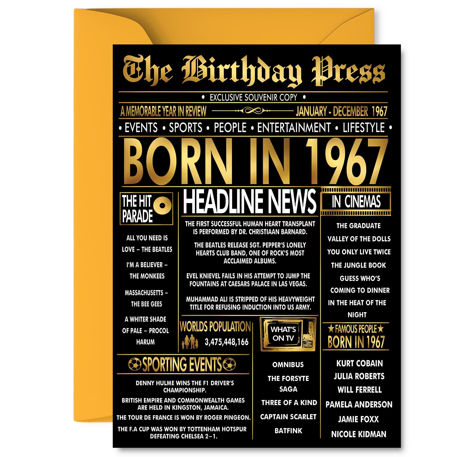 Gold 59th Birthday Card for Men Women - Black & Golden Newspaper Born in 1967 - Happy 59 Birthday Cards for Dad Auntie Nan Colleague Wife Brother, 5x7 Inch Bday Greeting Cards