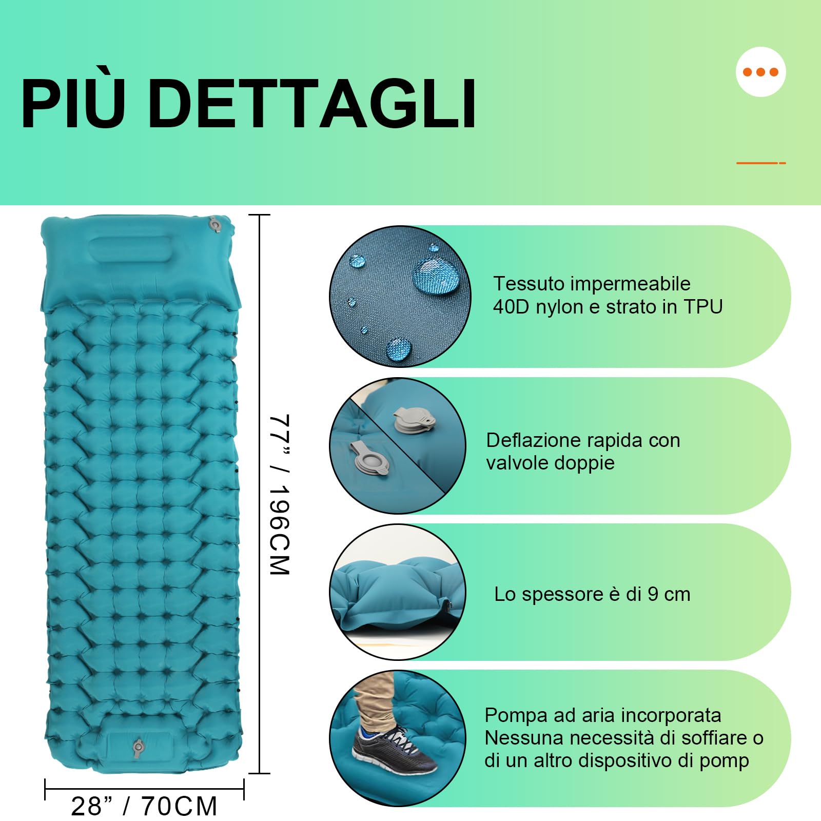 Materassino Campeggio Autogonfiante, Ultraleggero Materasso Gonfiabile Singolo con Cuscino per Campeggio, Outdoor, Spiaggia, Escursionismo, Portatile Materassino Autogonfiante