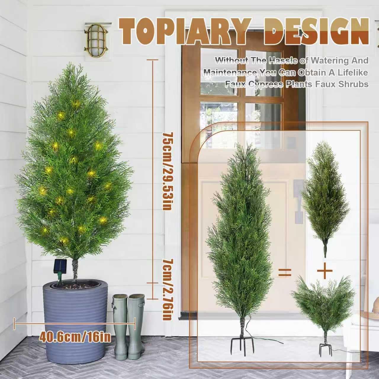 Artificial Cypress Topiary Tree Outdoor Solar Powered Pre-Lit Fake Topiary Bushes with 8 Modes Led Lights UV Resistant Flower Pots for Front Yard Porch Faux Tree Decorations with Ground Spikes, 2pcs