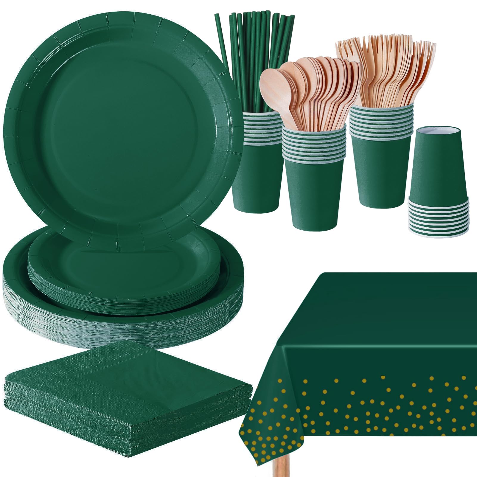 PYAILI 193 Pcs Dark Green Party Tableware Set, Paper Plates Cups Napkins Tablecloth, Dinnerware Set for Kids Adult Birthday,Wedding,Baby Shower Party Tableware