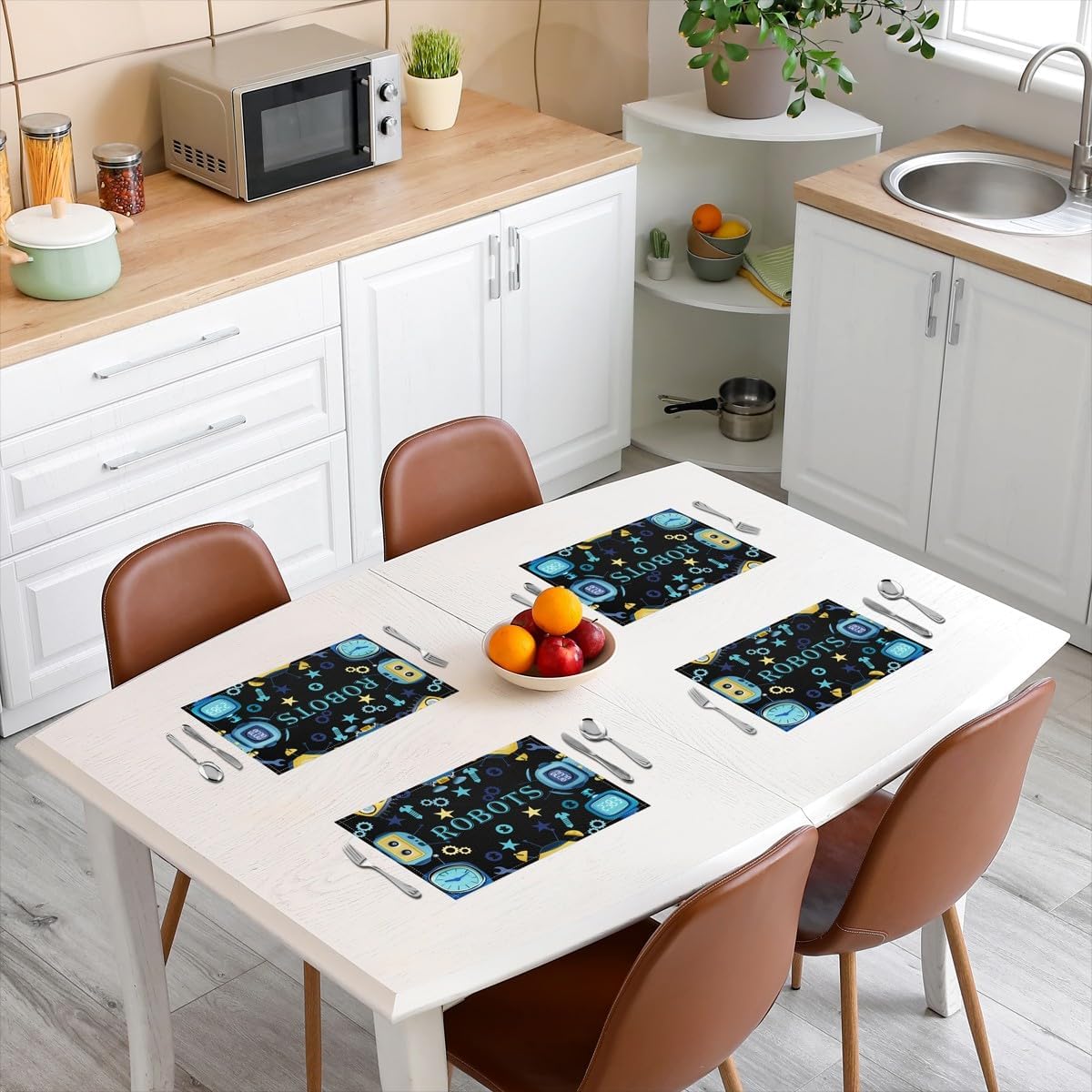 Kawaii Robot Place Mats 12x18 Inch Set of 4 Funny Cartoon Theme Placemats Repair Tools Screw Table Mats for Kids Teen Adults Modern Fashion Black Kitchen Table Decor image 3