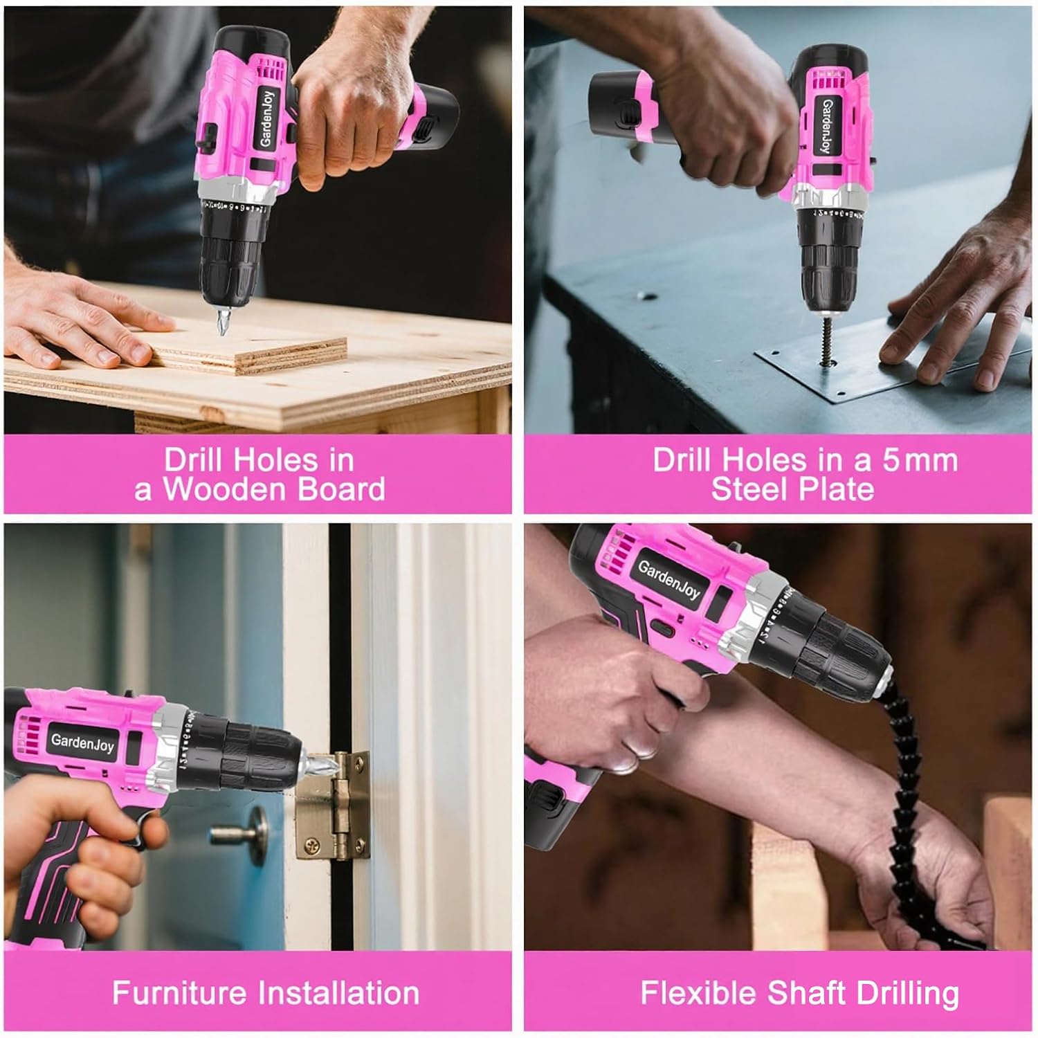 12V Pink Drill Driver Set, Women's Lightweight, 2 Batteries + Fast Charger, 2-Speed, 3/8" Keyless Chuck, 25 Torque Settings, LED for Metal/Wood DIY