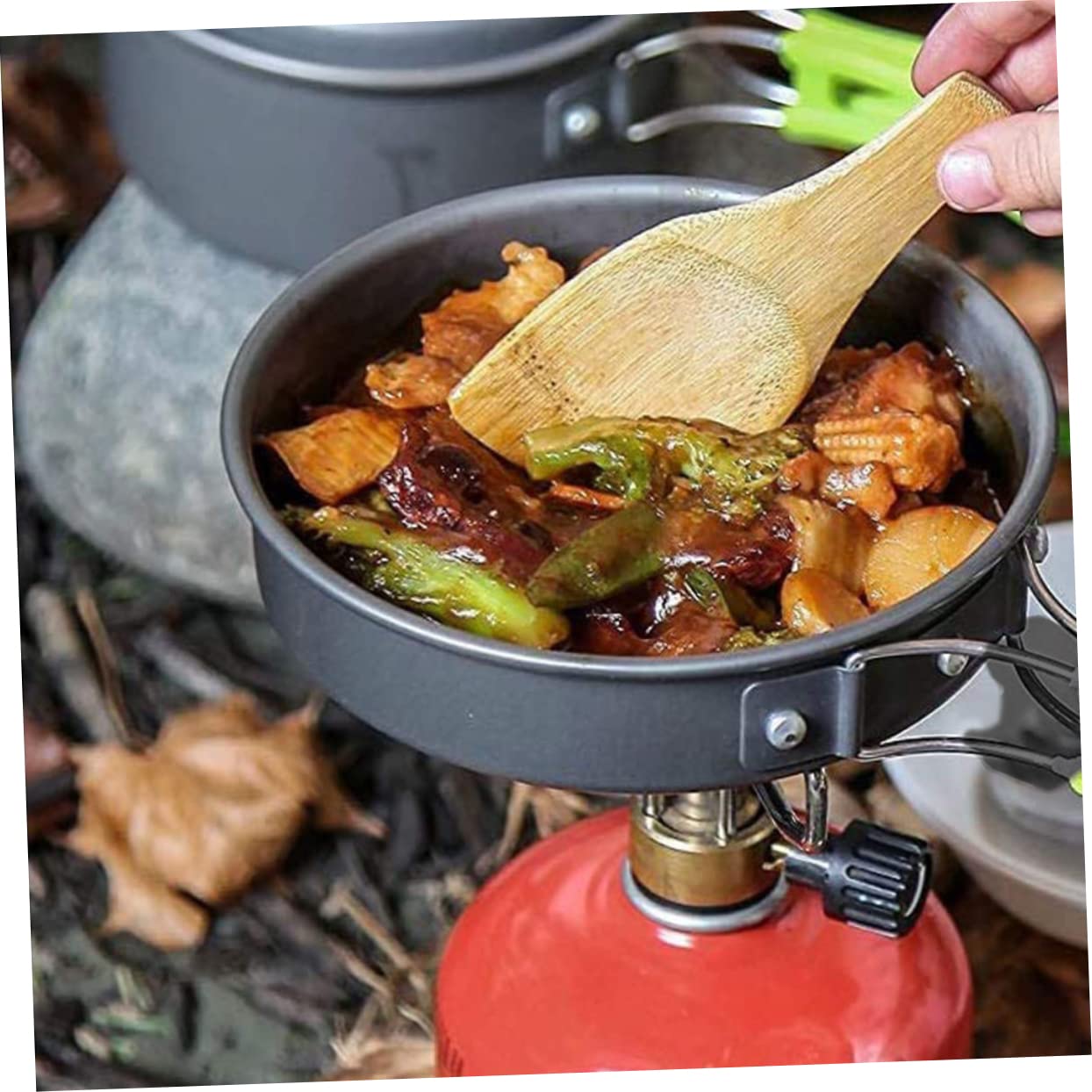 YARNOW Juego de Utensilios de Cocina Set de Ollas y Tetera para Acampar Portátil Aleación de Aluminio Ligera Color Negro para 2-3 Personas Adecuado para Camping y Actividades al Aire