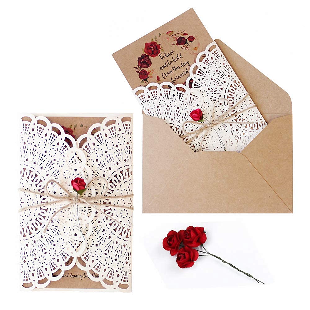 Laser-geschnittene Hochzeitseinladungen Set Rustikale Hochzeitseinladungen mit RSVP Karten und Umschlägen, 125 x 185 mm, 50 Stück