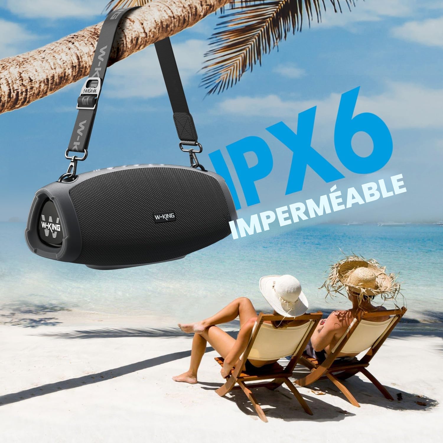 W-KING (120W Max)70W Enceinte Bluetooth Puissante, IPX6 Haut-Parleur Chantier Extérieur étanche Bluetooth Speaker,Triple Radiateurs Passifs- Basses Profondes, Power Bank/DSP/EQ/TF/AUX/42H/Ouvreur(X10)