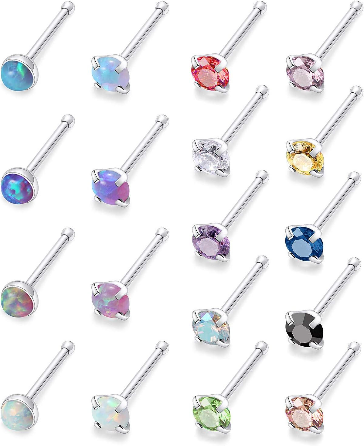 18 Pcs 18G 20G 22G Nose Rings Studs Surgical Steel Nose Nostril CZ Inlaid 2MM Piercing Jewelry for Women Men