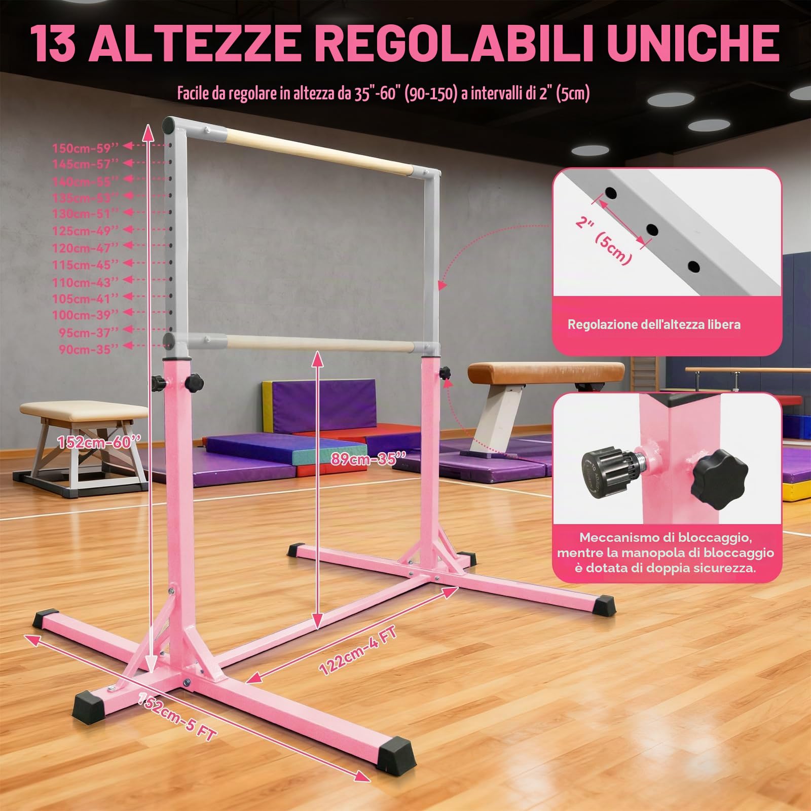 FBSPORT Trave Ginnastica Artistica per casa,Bar Orizzontale della Barra parallele Ginnastica per Bambini con Anelli ginnastici, 13 Attrezzature di Allenamento Regolabili in Altezza
