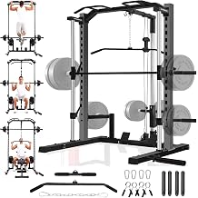 OPPSDECOR All-in-One Smith Machine Power Rack with LAT Pull Down System, Pull Up Bar, Barbell Bar, Plate Storage Pegs and More Training Attachment, Heavy Duty Smith Machine Home Gym