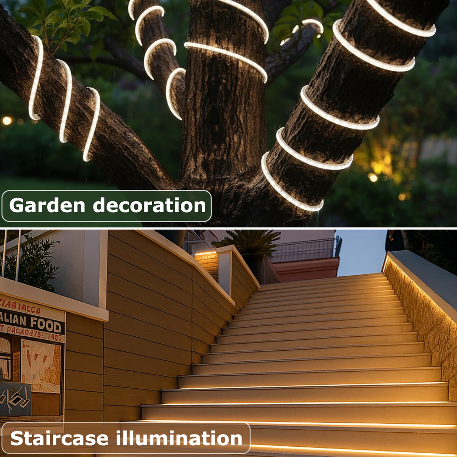 Striscia LED 220V Impermeabile IP65 30 Metri, Illuminazione LED ad Alta Luminosità, per Interni ed Esterni, con Interruttore, Spina Tipo F, Supporto Adesivo e Clip, Luce bianca fredda