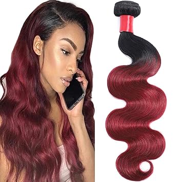 AUTTO Ombre Brazilian Virgin Human Hair Body Wave Ombre Human Hair One Bundle 14inch Weave Ombre Hair Extension Weft Two Tone Black to Burgundy (1B/99J,14