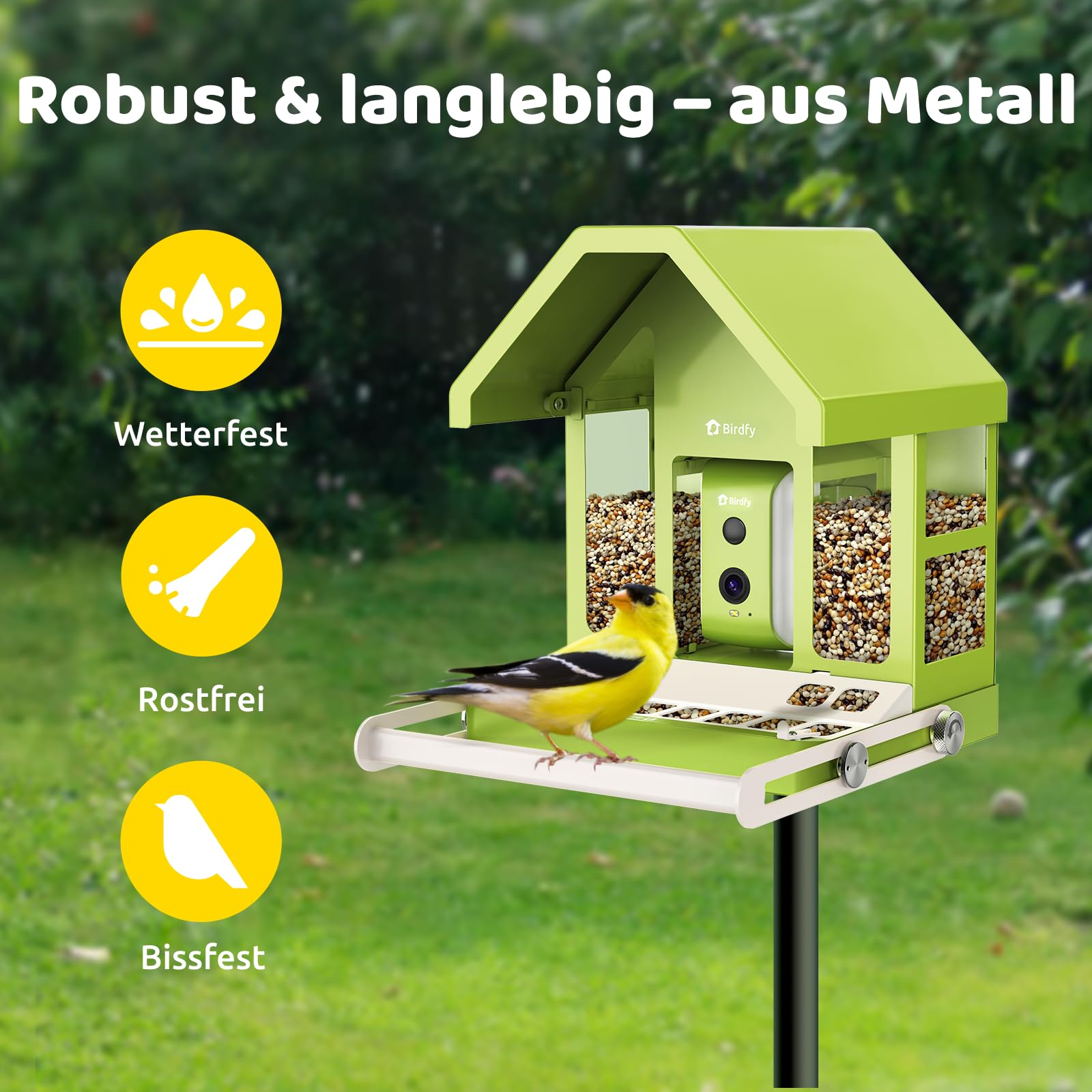 Birdfy Metall Vogelfutterhaus mit Kamera zur Live-Vogelbeobachtung, KI Vogelerkennung ohne ABO, 1080P Kabellos Vogelfutterstation mit Farbnachtsicht, Echtzeit-Benachrichtigung, Solarbetrieb