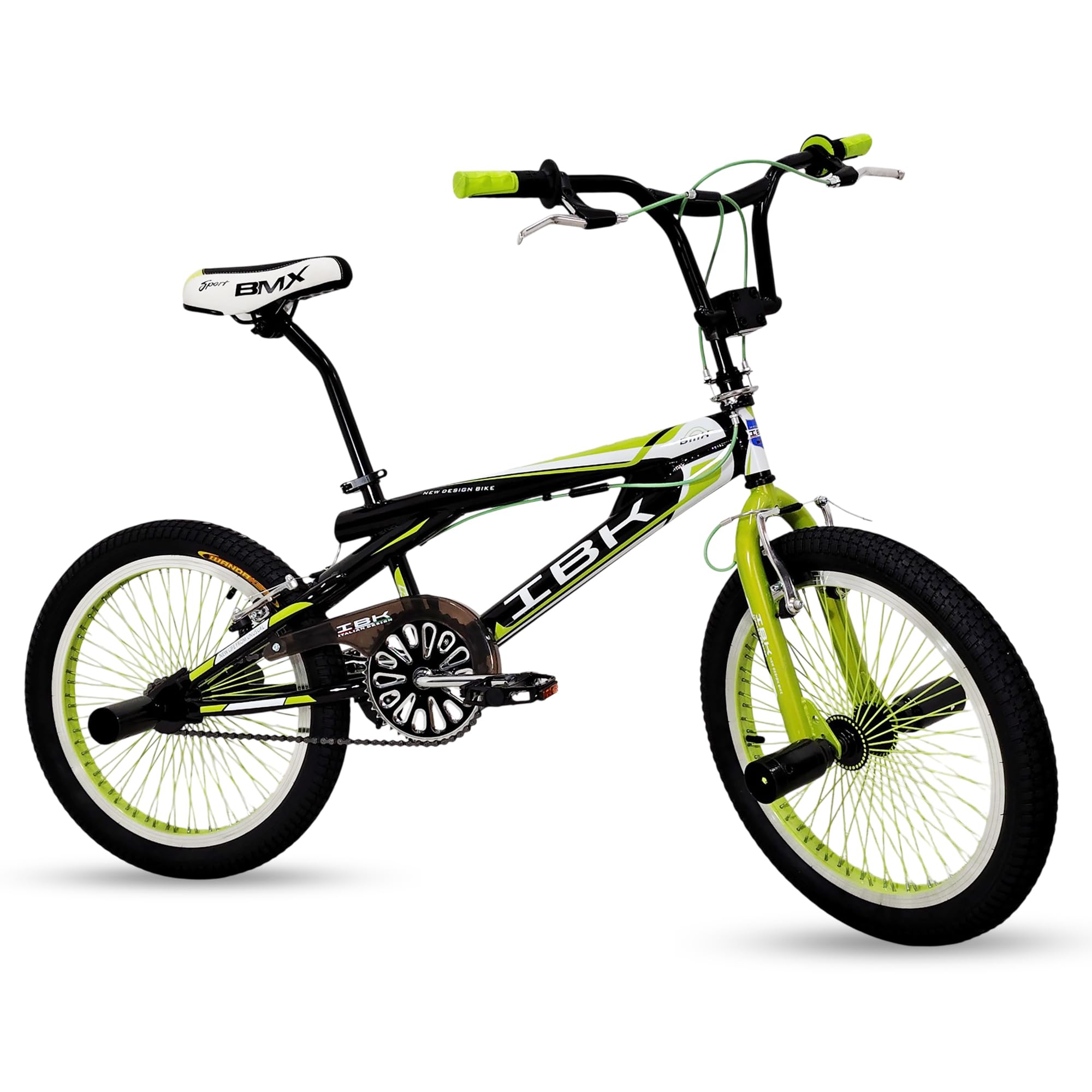 IBK Bici BMX da 20'' pollici, bicicletta Freestyle leggera, Sistema Sterzo Rotore a 360°, poggiapiedi, paracatena, ruota libera, monovelocità, verde, rossa, blu