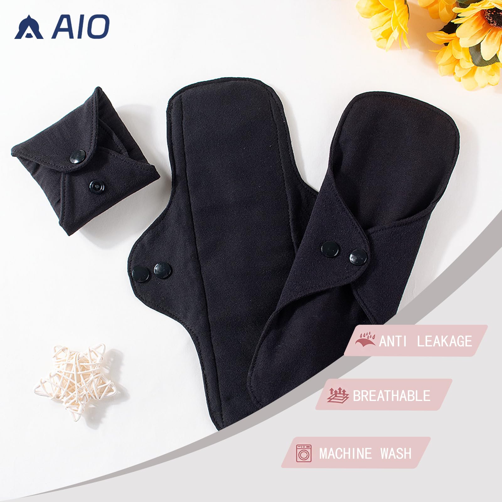 AIO Reusable Washable Cloth Menstrual Black Pads Sanitary Pad for Woman Size(7.09 * 10.63inch) Including 5 pcs Pads with 1 Wet Bag