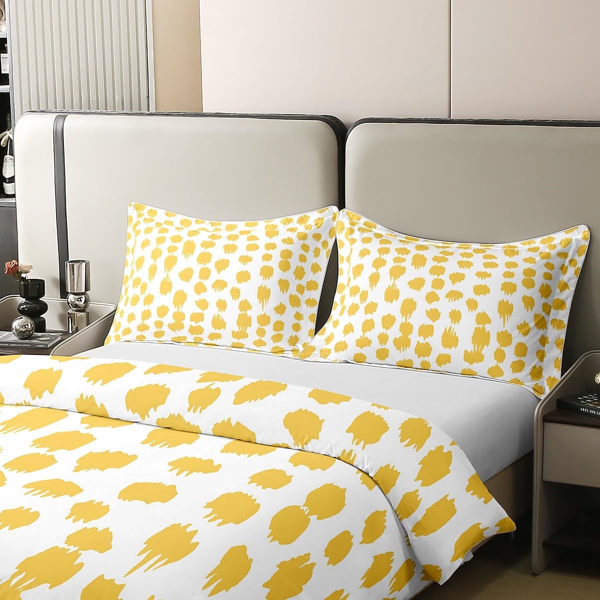 Erosebridal Yellow Spots 100% Cotton Duvet Cover Abstract Polka Dots Bedding Set Queen Size Boho Brush Stroke Comforter Cover for Kids Boys Girls Adults Art Bed Set Yellow White Room Decor