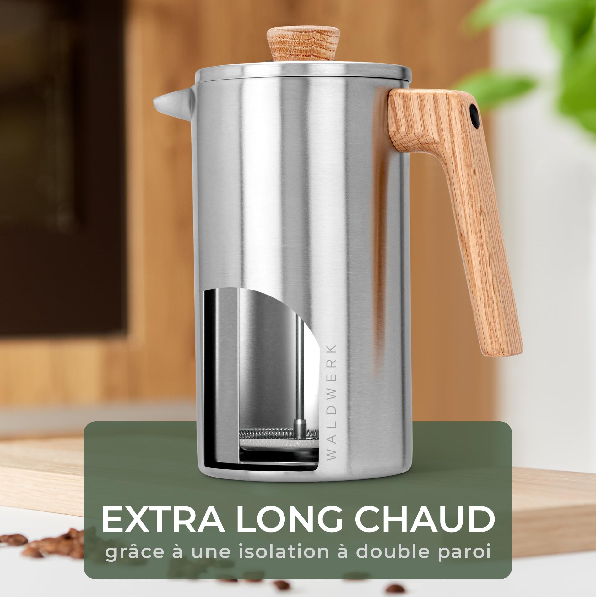 WALDWERK Cafetière à Piston (1L) - French Press en Acier Inoxydable à Double Paroi avec Poignée en Bois de Chêne - Cafetière Manuelle Sans Plastique