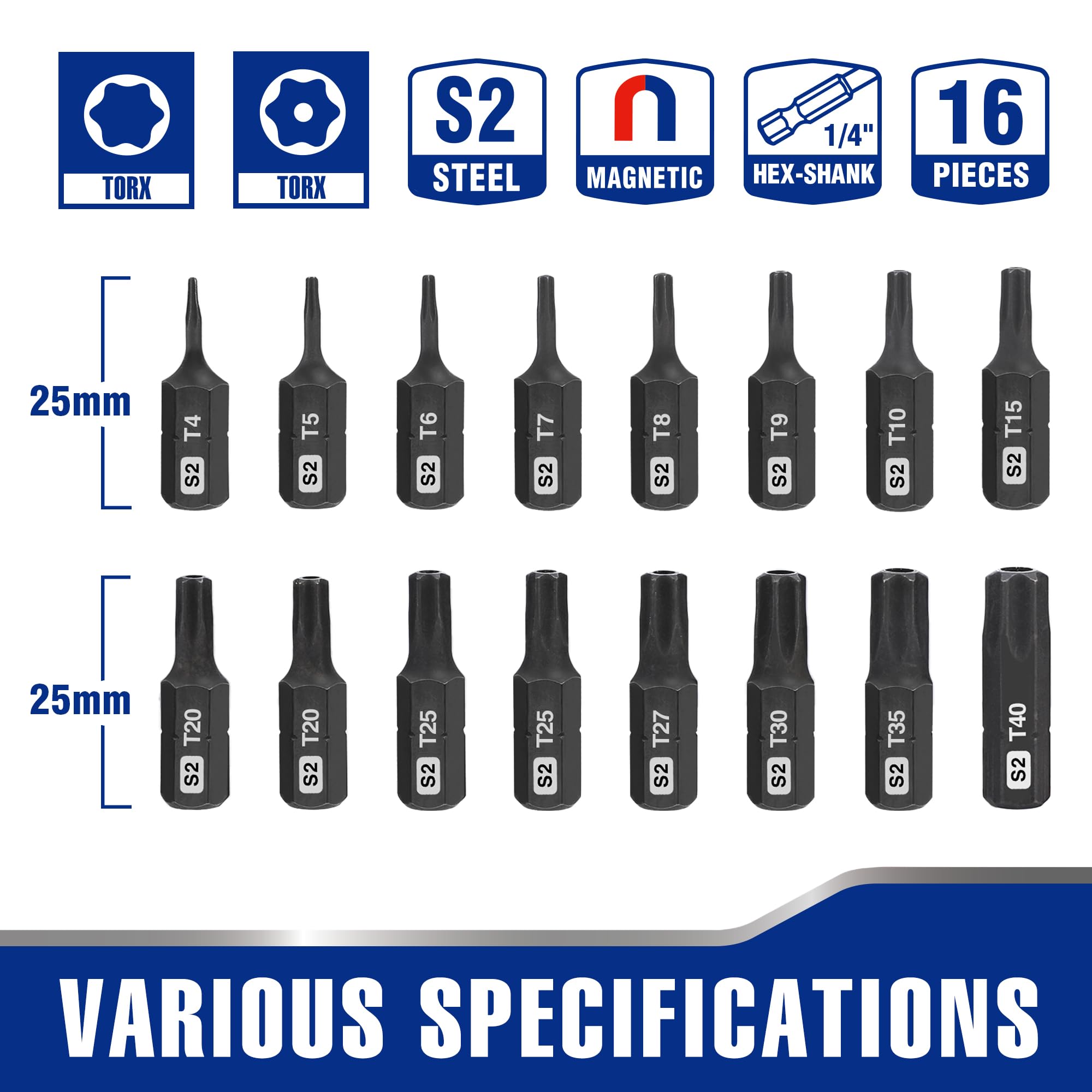 WORKPRO Security Torx Bit Set 16 pcs, Tamper Proof S2 Steel Star Bit Set, 1/4-inch Hex Shank - Image 2