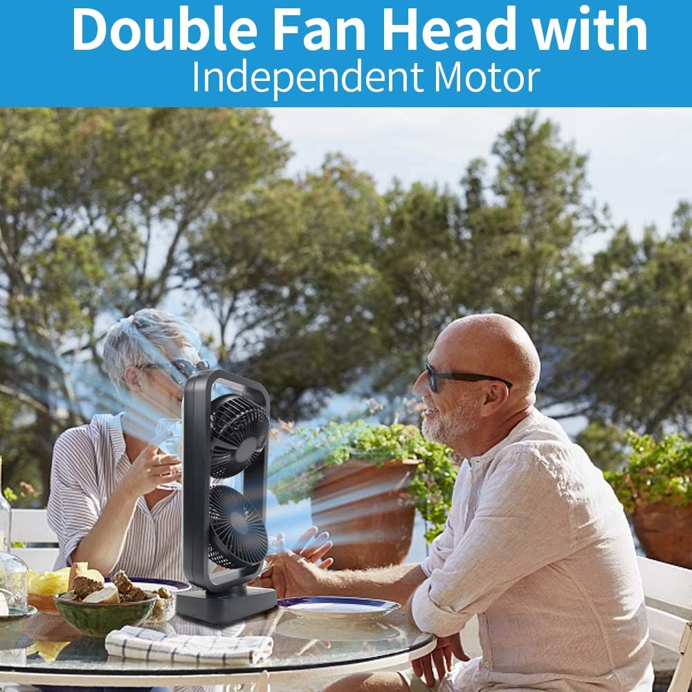 Crazy Clearance Battery Powered Fan, Large Rechargeable Fan, Dual Head Tower Fans, 10000mAh, 6-24H Working Hours, 110° Horizontal Rotation, 2 Independent Fans with 350° Vertical Rotation, USB Desk Fan