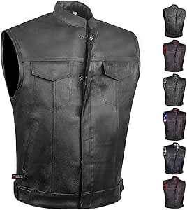 SOA Men&#39;s Leather Motorcycle Concealed Gun Pockets Biker Club Vest w/Armor L