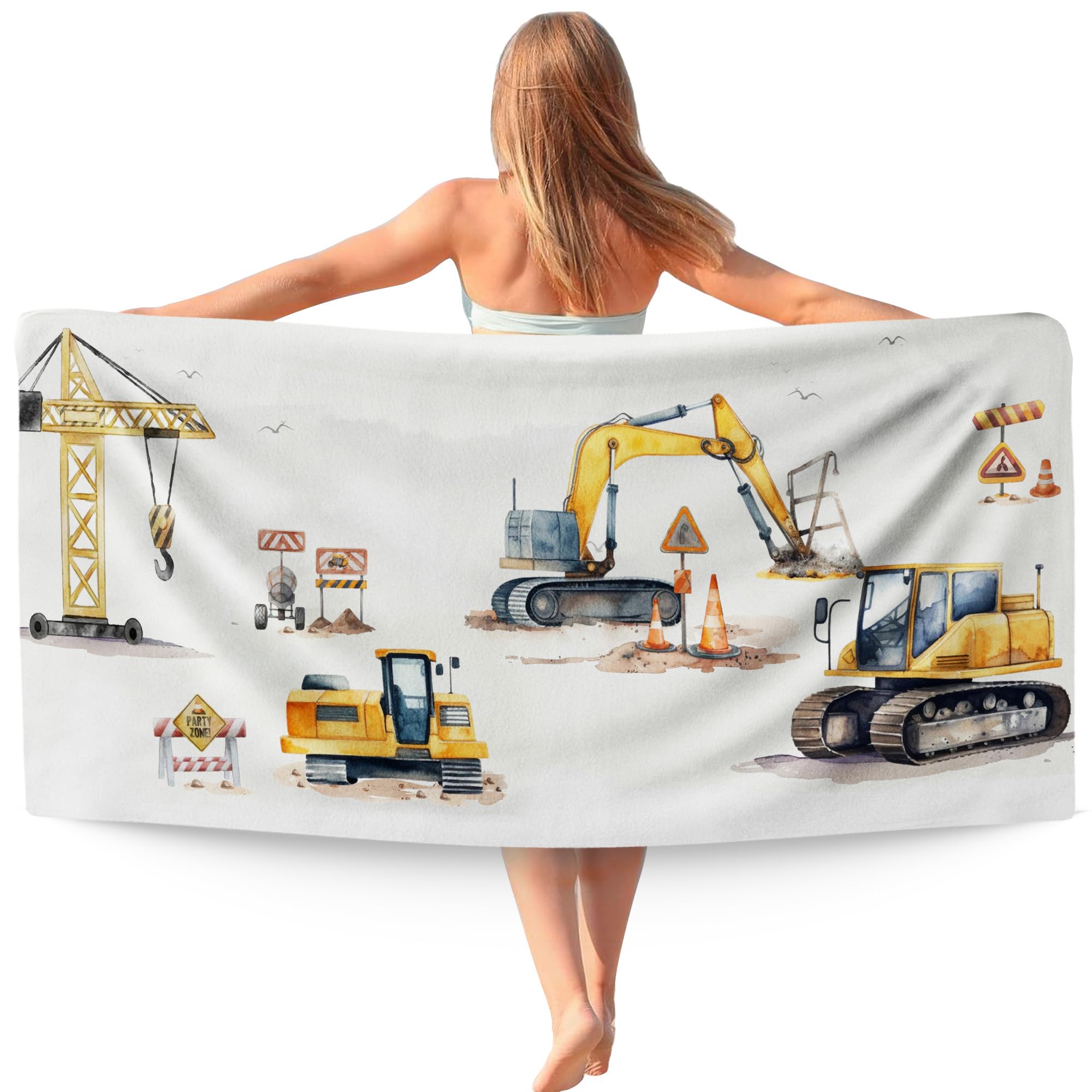 WAITPI Kids Beach Towel, Construction Beach Towels Oversized Gifts for Boys Kids, Vintage Excavator Construction Quick Dry Travel Sand Free Towel