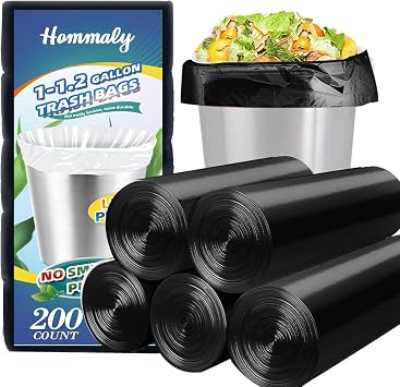 Hommaly 1 Gallon Fit 1-1.2 Gal200 pcs Small Black Trash Bags, Strong 1.2 Gallon Garbage Bags,Bathroom Trash Can Bin Liners,Mini Plastic Bags for Office,Waste Basket Liner,Fit 4.5,6 Liters-Black