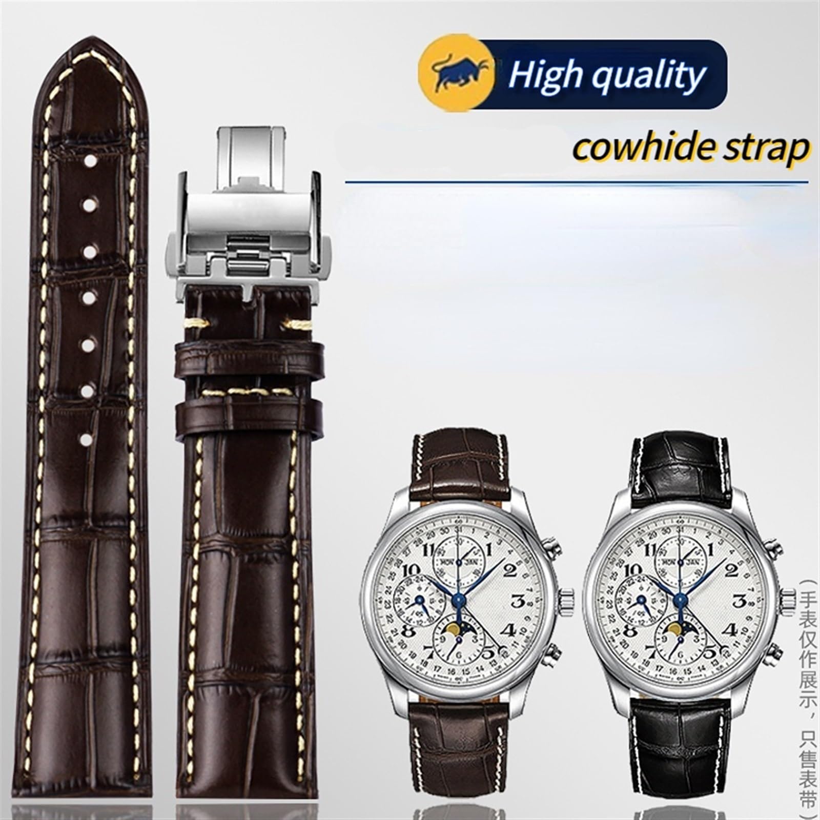 Bracelet en cuir de vachette avec boucle papillon pour Masters Collection L3 L4 L2.628/L2.673 19 mm 20 mm 21 mm, 21mm, Agate