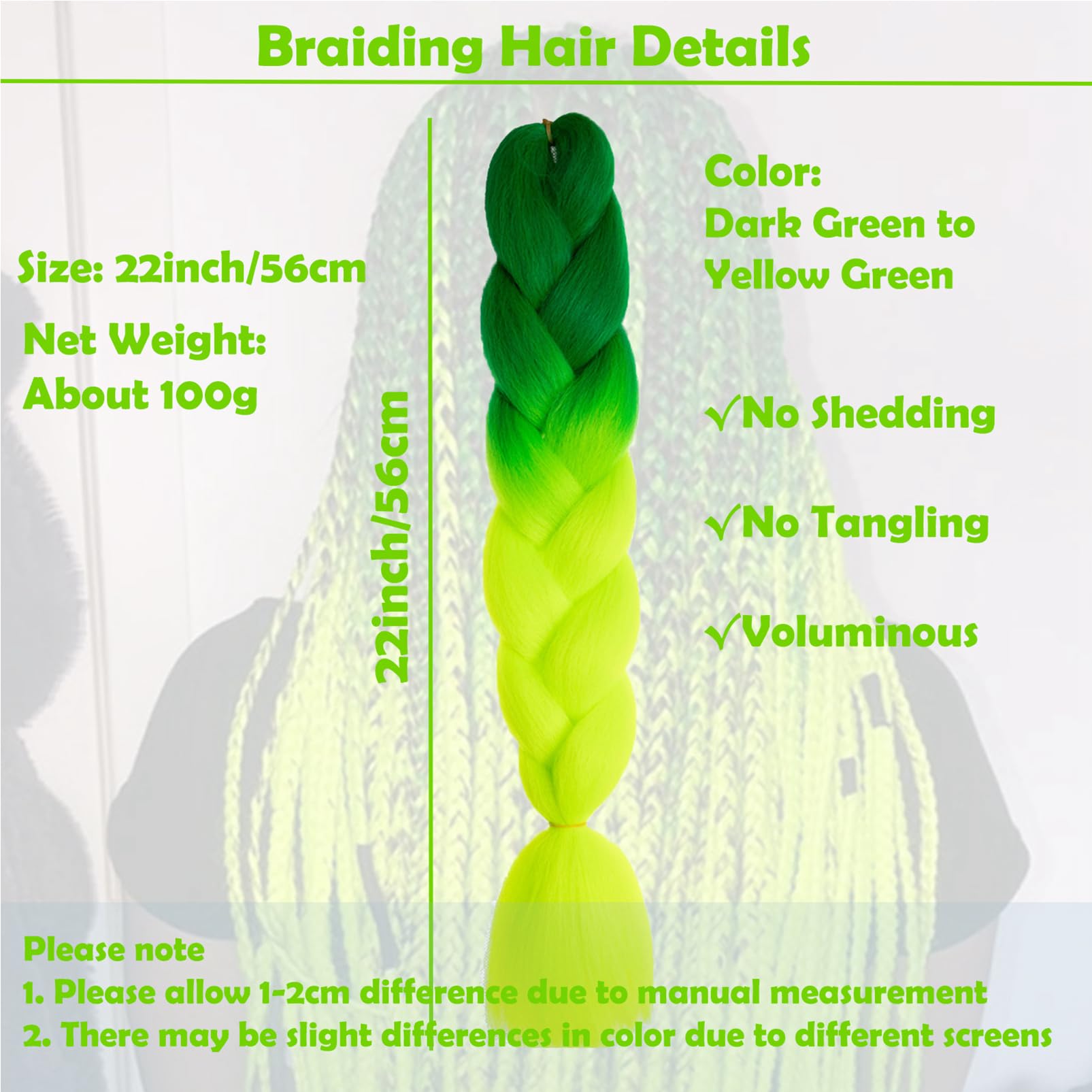 Braiding Hair Extensions Braiding Hair Fashion Synthetic Braid Hair Extensions for Women Braiding Coloured Hair for Braiding DIY Wigs Cosplay (Dark Green to Yellow Green) - Image 4