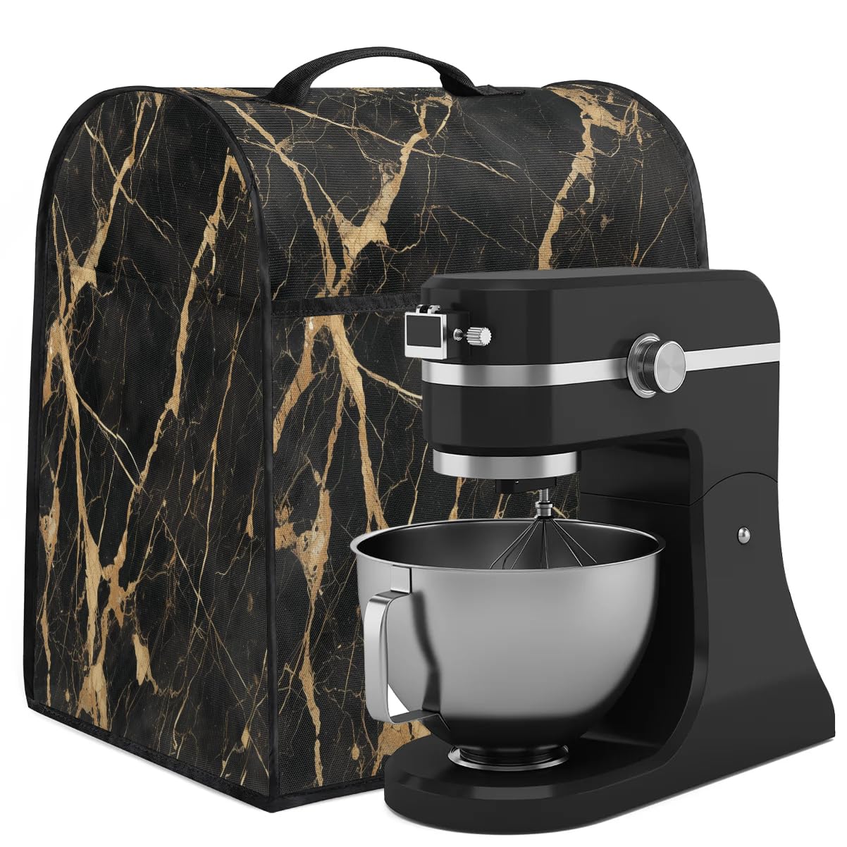 Sabokido Black Gold Marble Kitchen Aid Mixer Cover Compatible with 6-8 Quart Kitchen Aid Tilt Head & Bowl Lift, Stand Mixer Cover with Pockets and Handle, Dust Cover Accessories