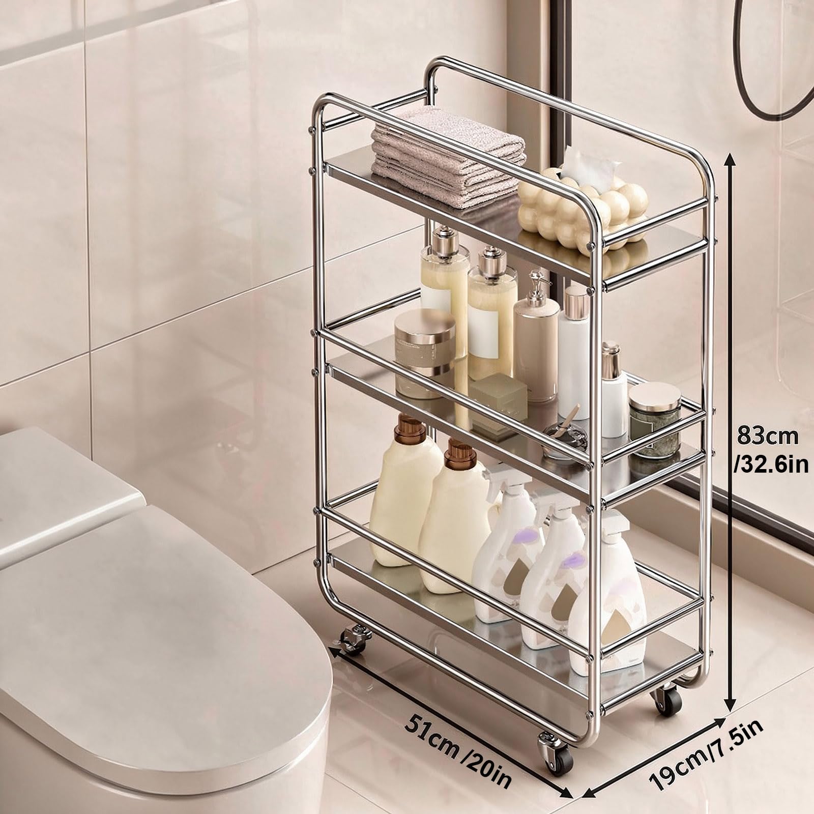 Carrello 3 ripiani in acciaio inossidabile con ruote, portatutto bagno
