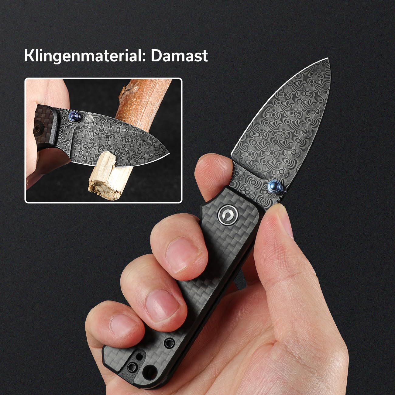CIVIVI Baby Banter Taschenmesser Klappmesser mit 5,94cm Damastklinge, Kohlefaser- und G-10 Griff, Outdoor-Messer mit Clip C19068S-DS1