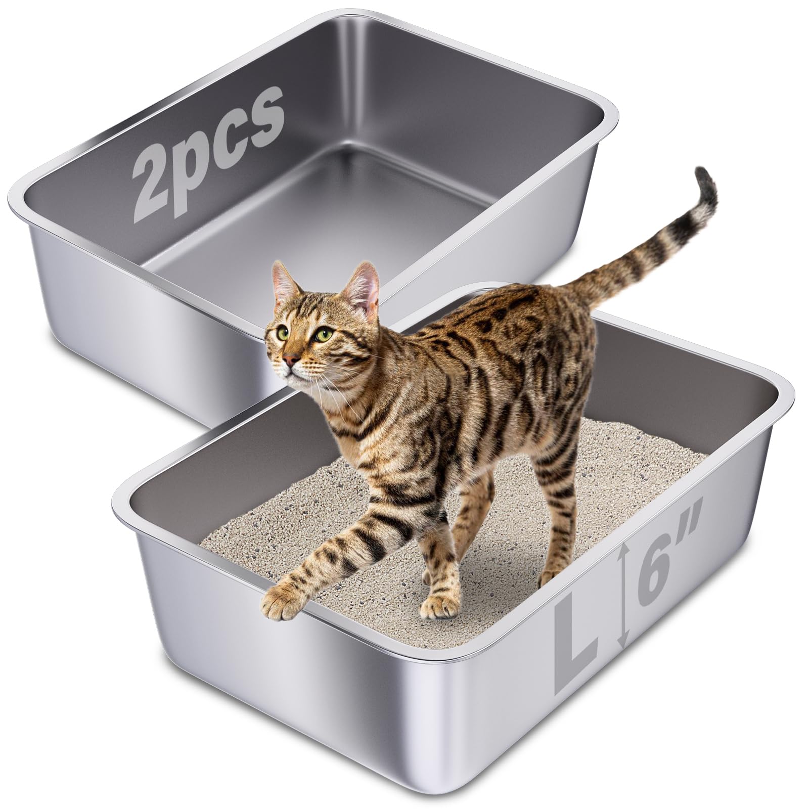 Holintan Stainless Steel Litter Box 2 Pack, 20"x14"x6"(Height) Large Metal Litter Box, Easy to Clean, Non Stick No Smell Cat Litterbox for Cats/Kitty