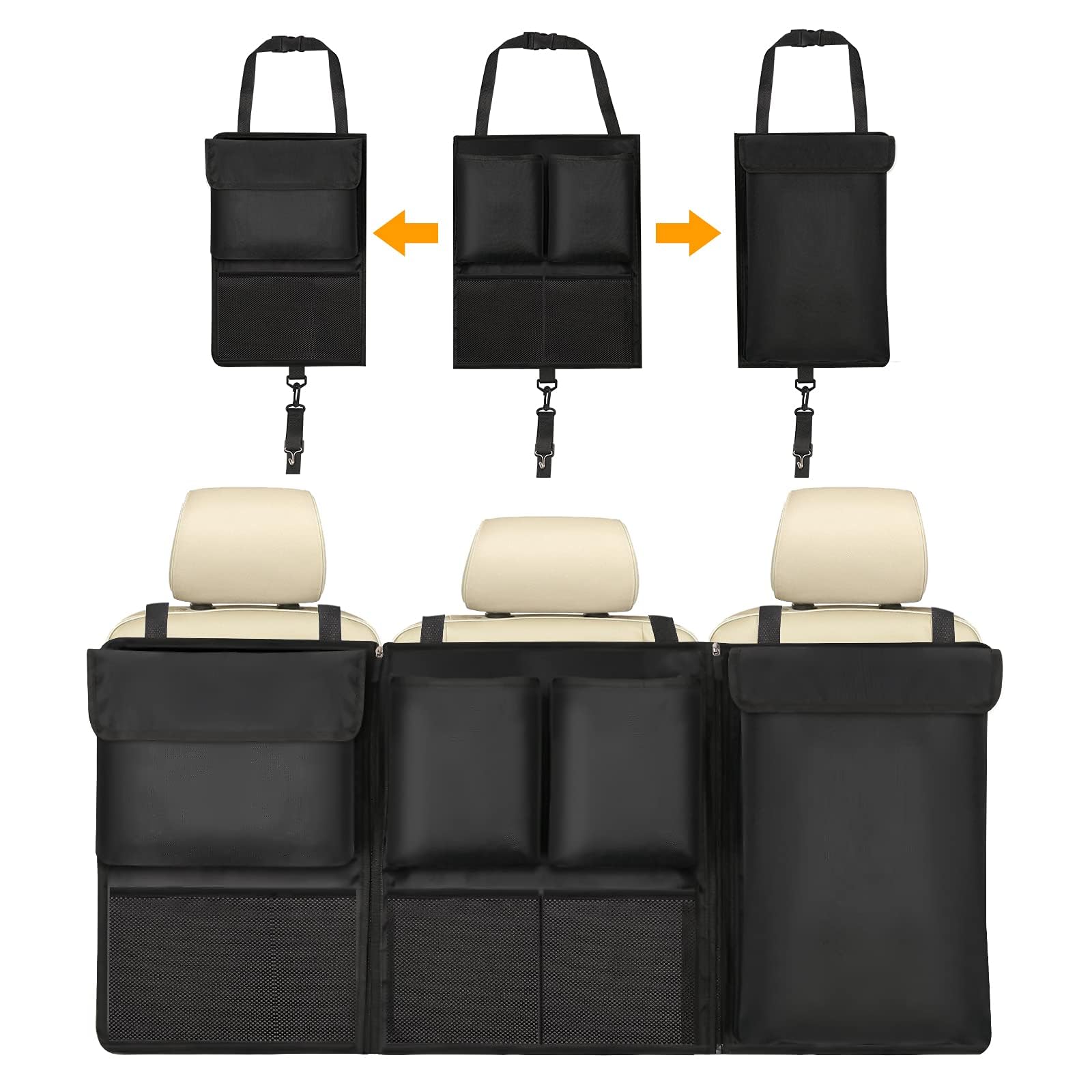 URAQT Car Boot Organiser, Trunk Tidy Organiser Bag, Detachable Multi-Pocket Seat Back Protectors with Zipper, Water-Proof Durable Foldable Children's Travel Storage Black,101x46cm