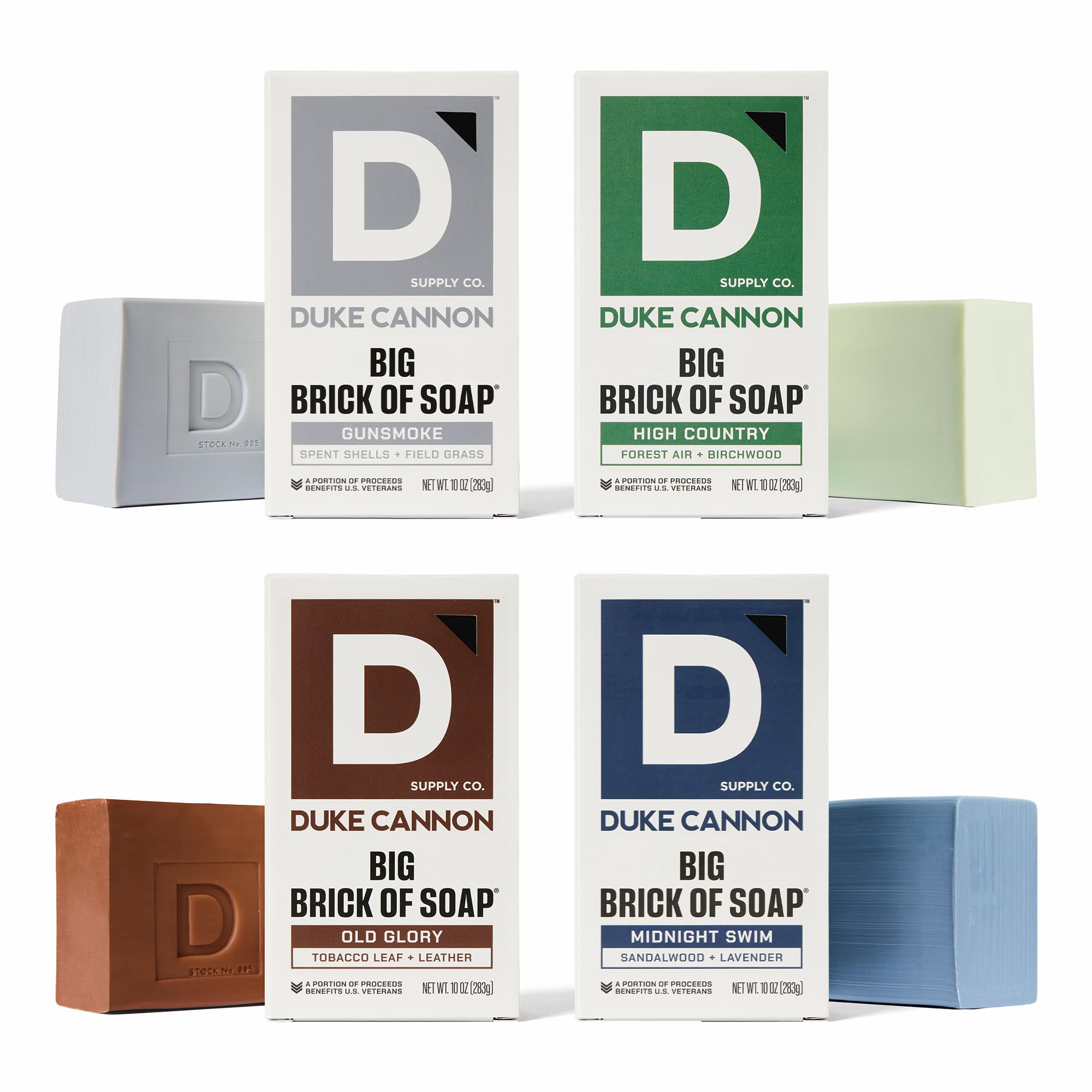 Duke Cannon Supply Co. Big Ass Brick of Soap Bar for Men The Frontier 40 (Leaf+Leather, Fresh Cut Pine, Campfire, Midnight Swim) Variety-Pack- Extra Large Masculine Scents, 10 oz (Variety 4 Pack)