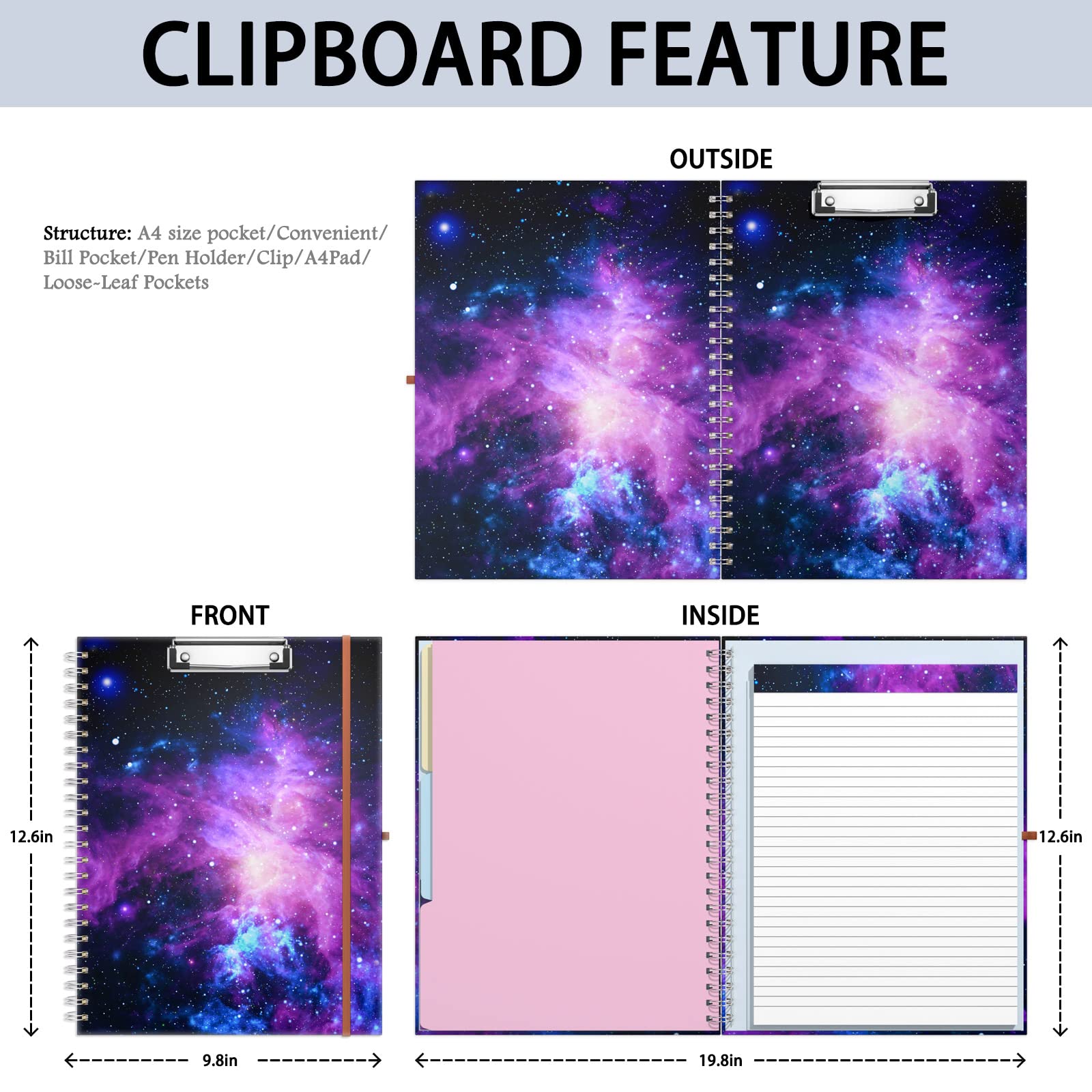 Rimilak Spiral-Klemmbrett, mit nachfüllbarem, liniertem Notizblock, 36,7 x 24,8 cm, Hardcover-Klemmbrett mit 5 Innentaschen, Gummiband und Stiftschlaufen-Serie Niedliches, stilvolles Clipfolio, Galaxy