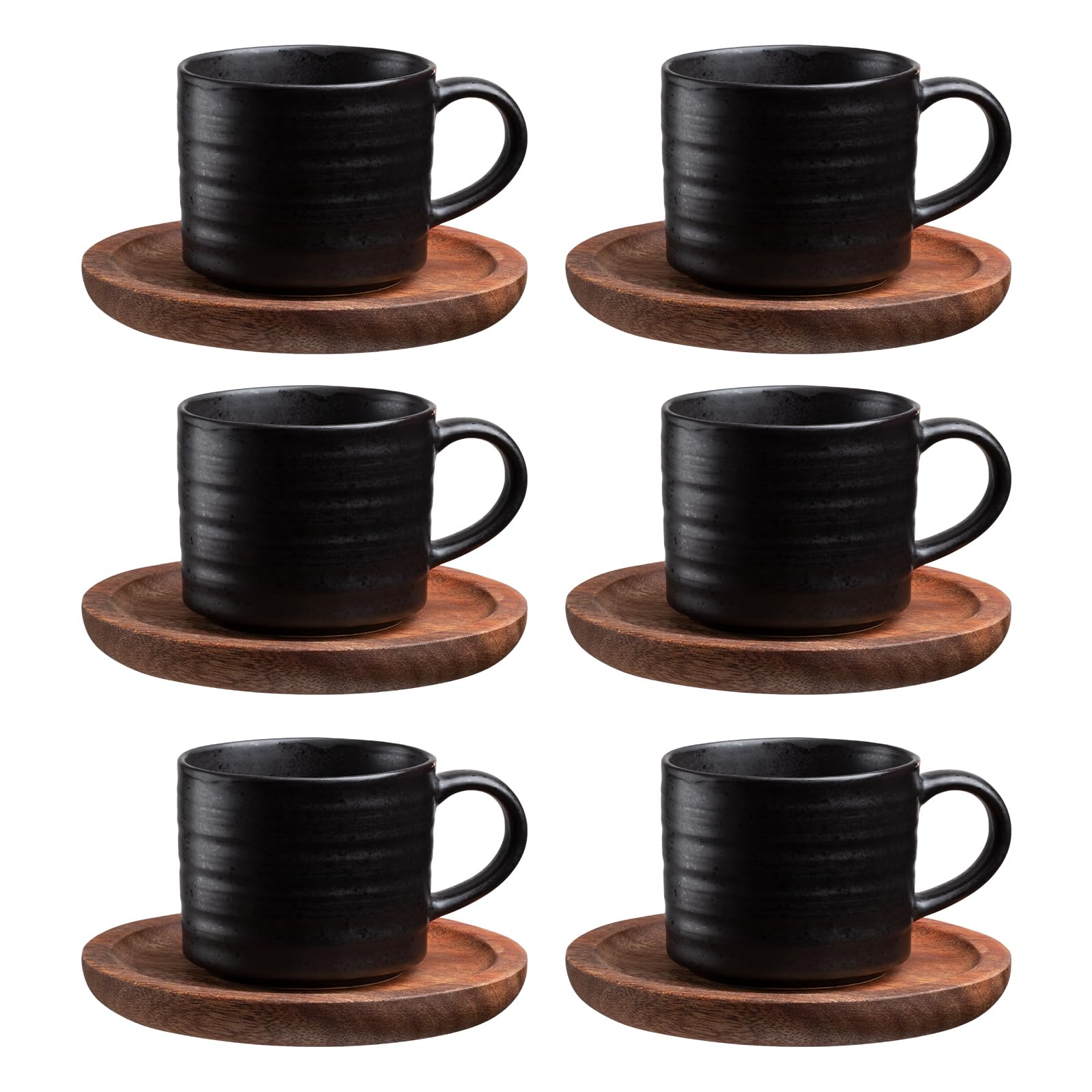 Cappuccino Tassen Set 6 x 140ml Kaffeeservice Steingut, 12 teiliges Kaffeeset für 6 Personen, Tassen mit Untertasse Kaffeetassen Set Edle Beinhaltet Kaffeelöffe Vintage Schwarz